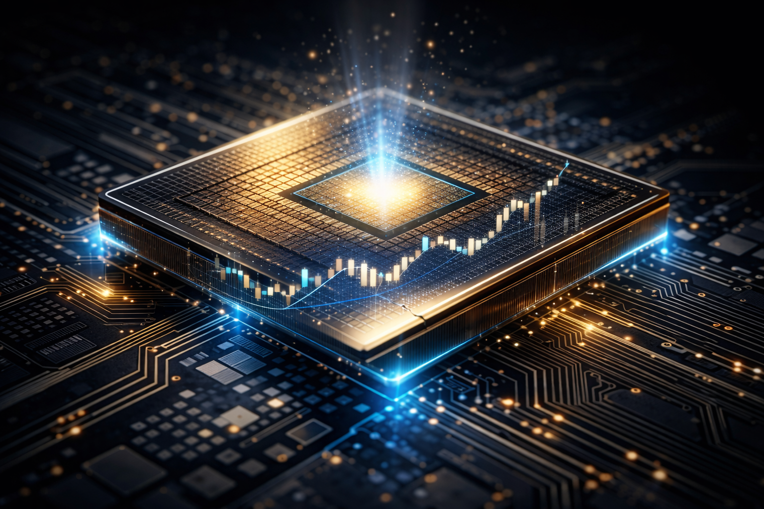 Glowing chip with earnings chart visualization
