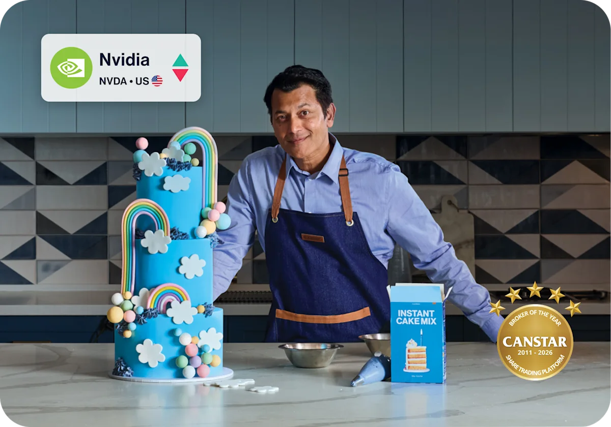 A photo of a man in a blue collared shirt wearing an apron standing by a beautifully decorated cake and an opened box labelled "Instant Cake Mix". An award is overlaid, displaying Canstar Broker of the Year (2011-2026).