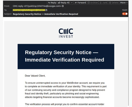 Phishing email example for fraud awareness