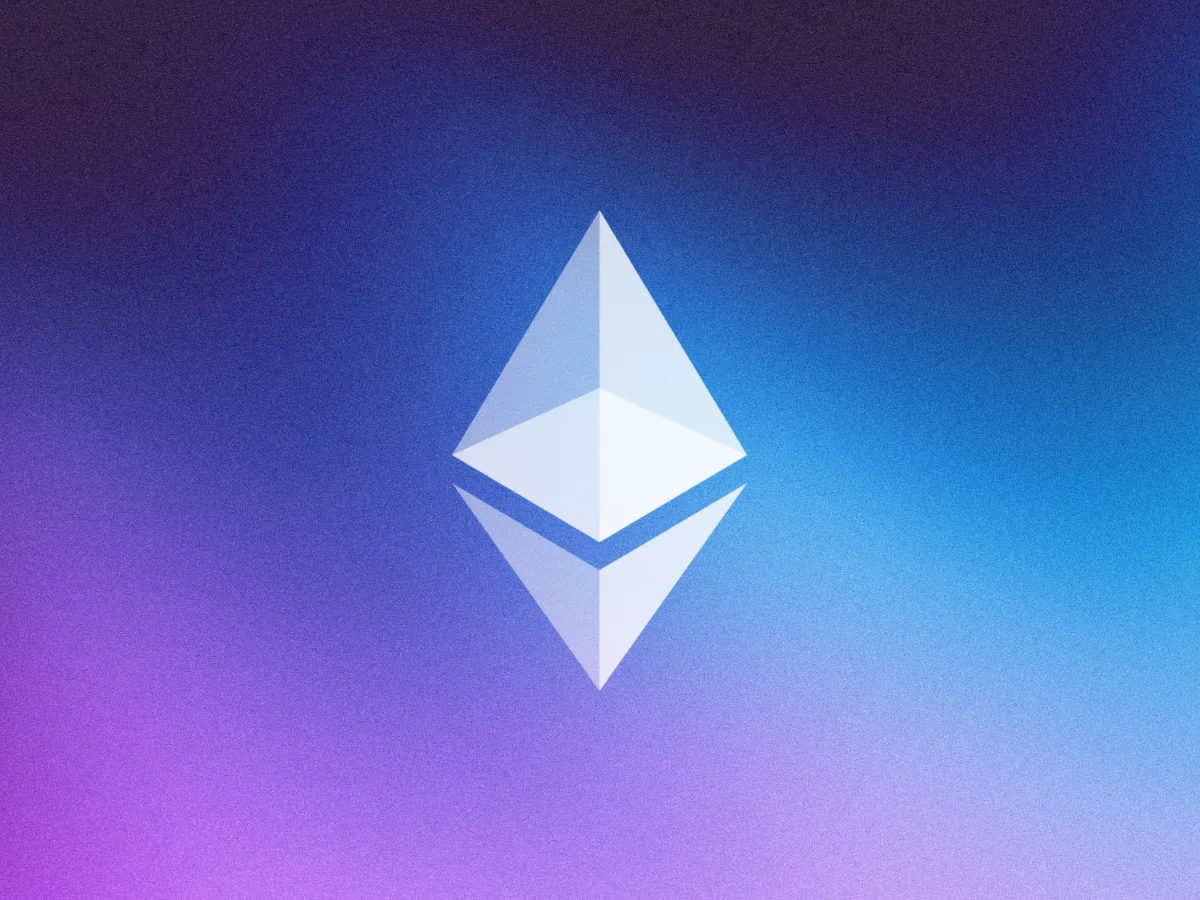 A vivid purple and blue background featuring the Ethereum logo at the center.