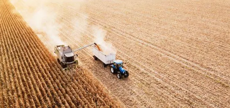 Tractor harvesting grains on a farm