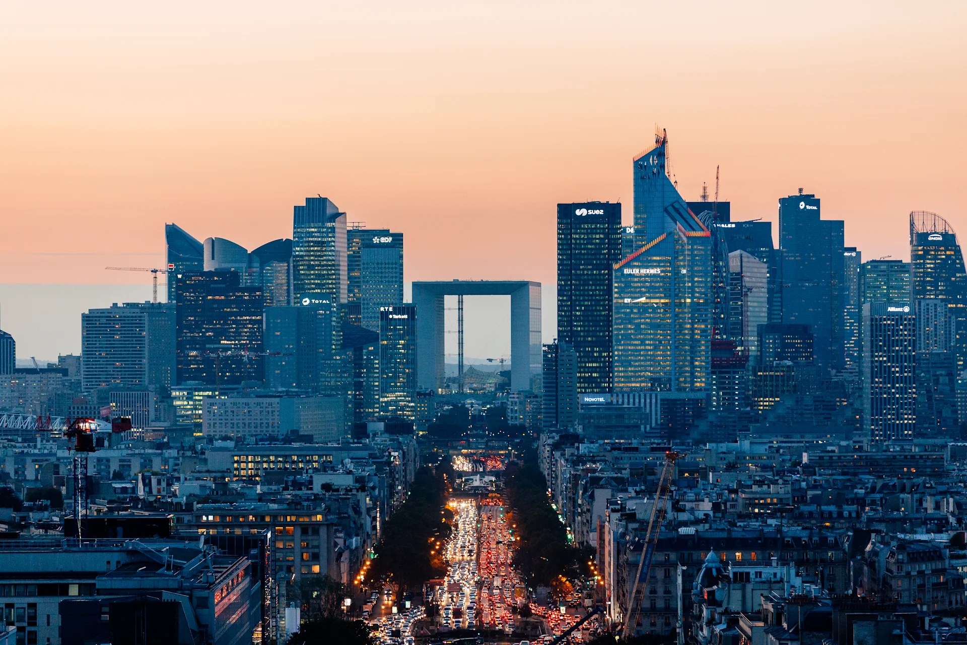 Skyscrapers of La Defense business district illuminated at night, Paris, France