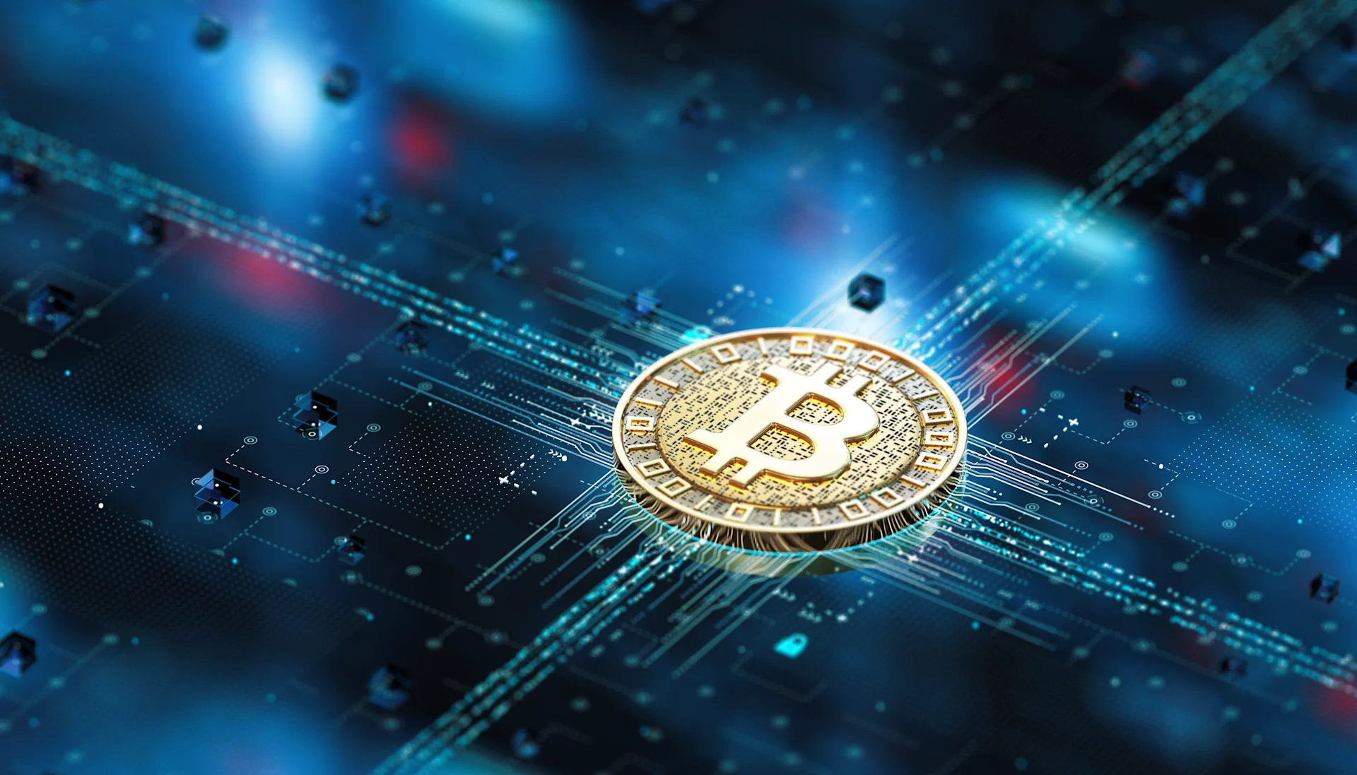 Man viewing a glowing Bitcoin logo