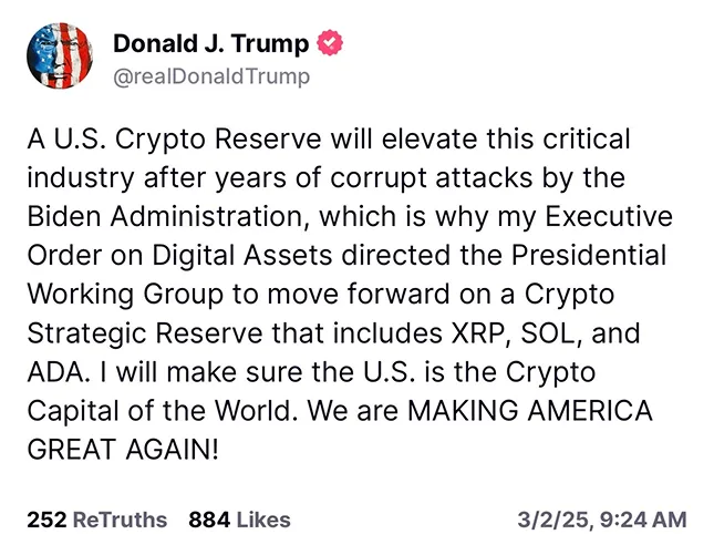 Trump Crypto Announcement On Truth Social 