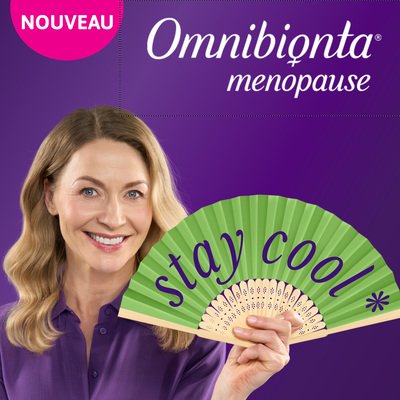 Omnibionta Menopause – une femme tenant un éventail avec le texte Stay Cool