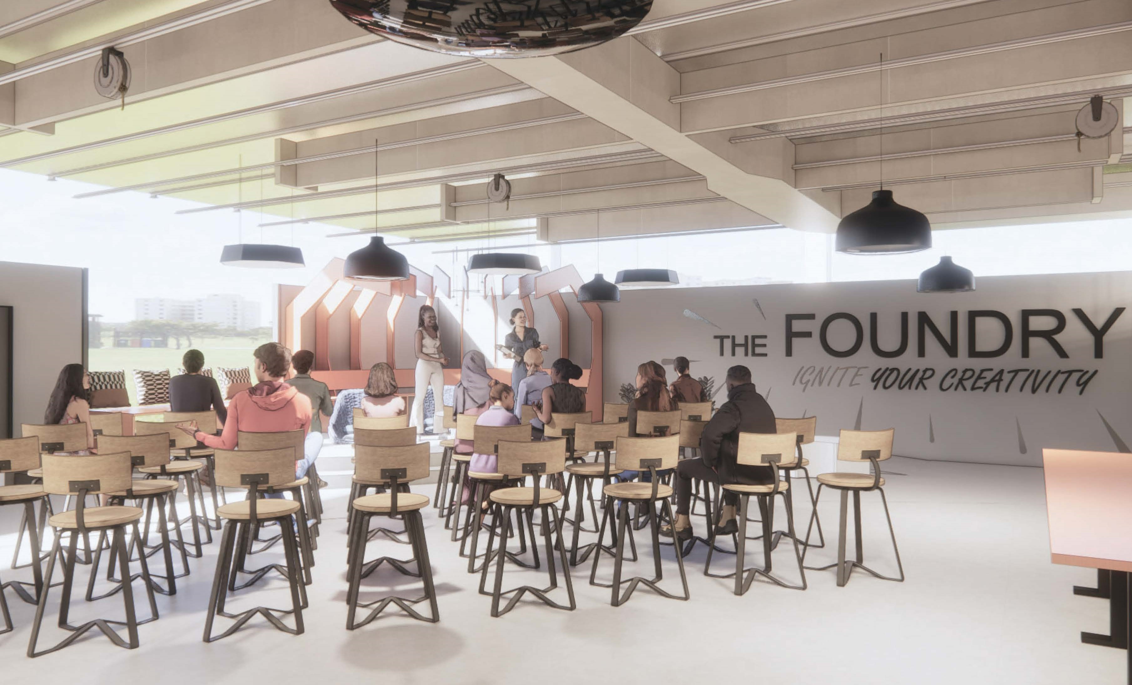 3715 Oxon Hill The Foundry, Oxon Hill Library — Prince George’s County Memorial Library System (PGCMLS) conceptual designs by the Neighborhood Design Center and Gensler.