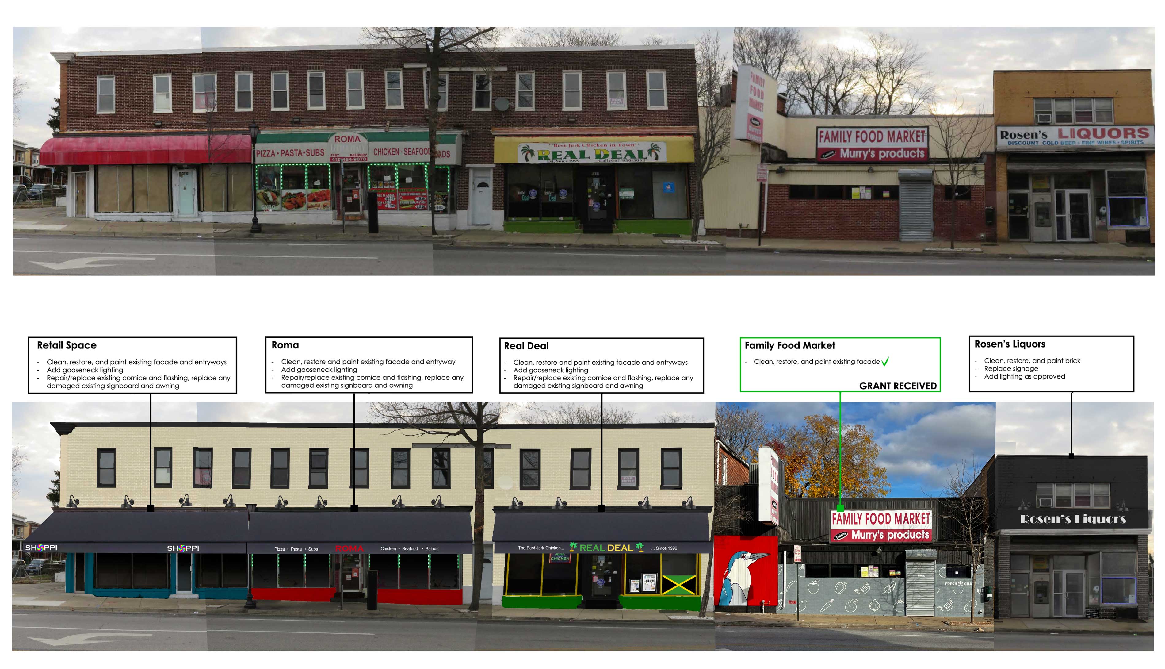 Before and after. For a more unifying and eye-ctaching look, our designs propose restoring and painting the existing facades and entryways, adding gooseneck lighting, and using colors that correlate with store identity.