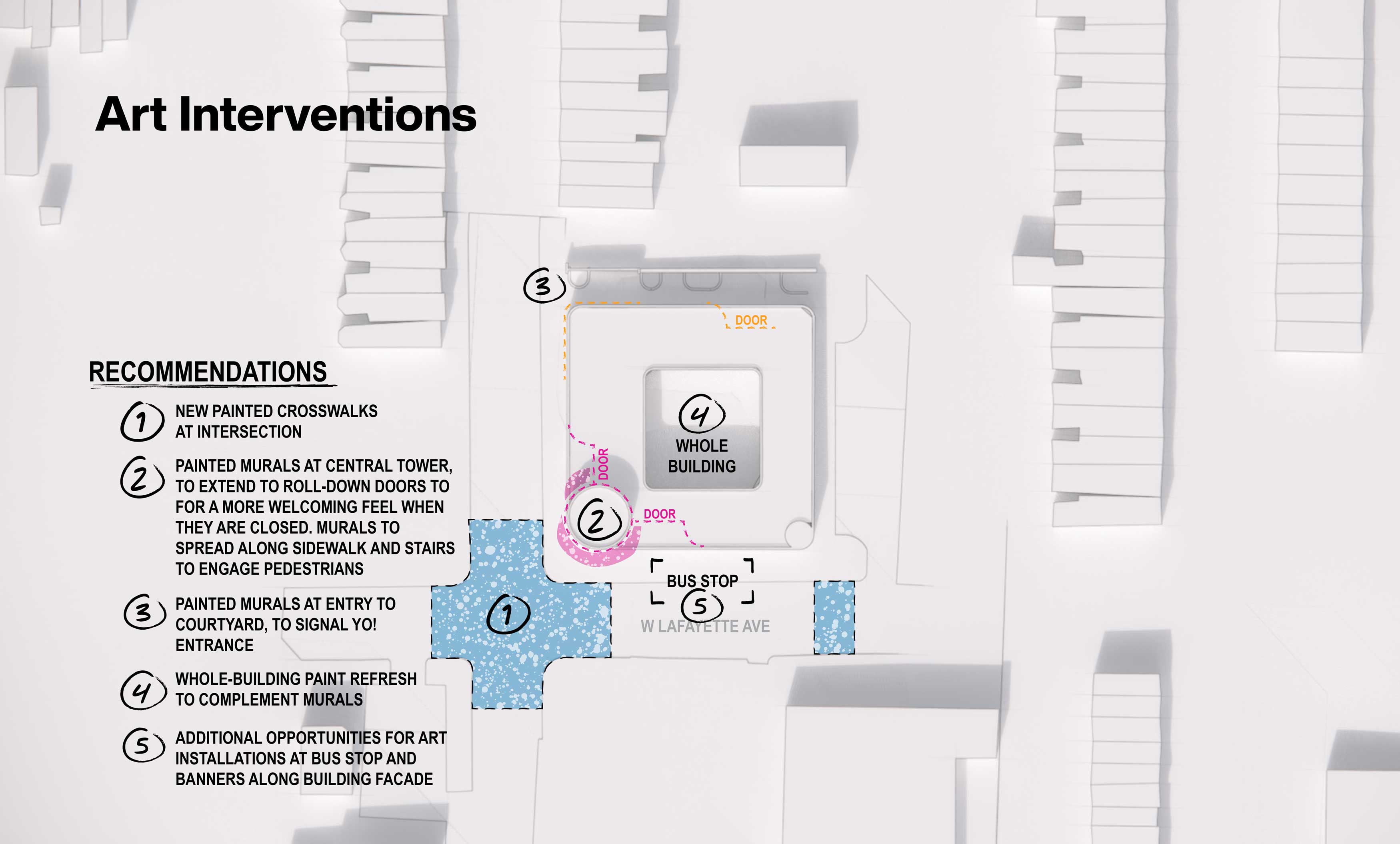 Aerial map diagram of Yo Baltimore showing recommended art interventions.
