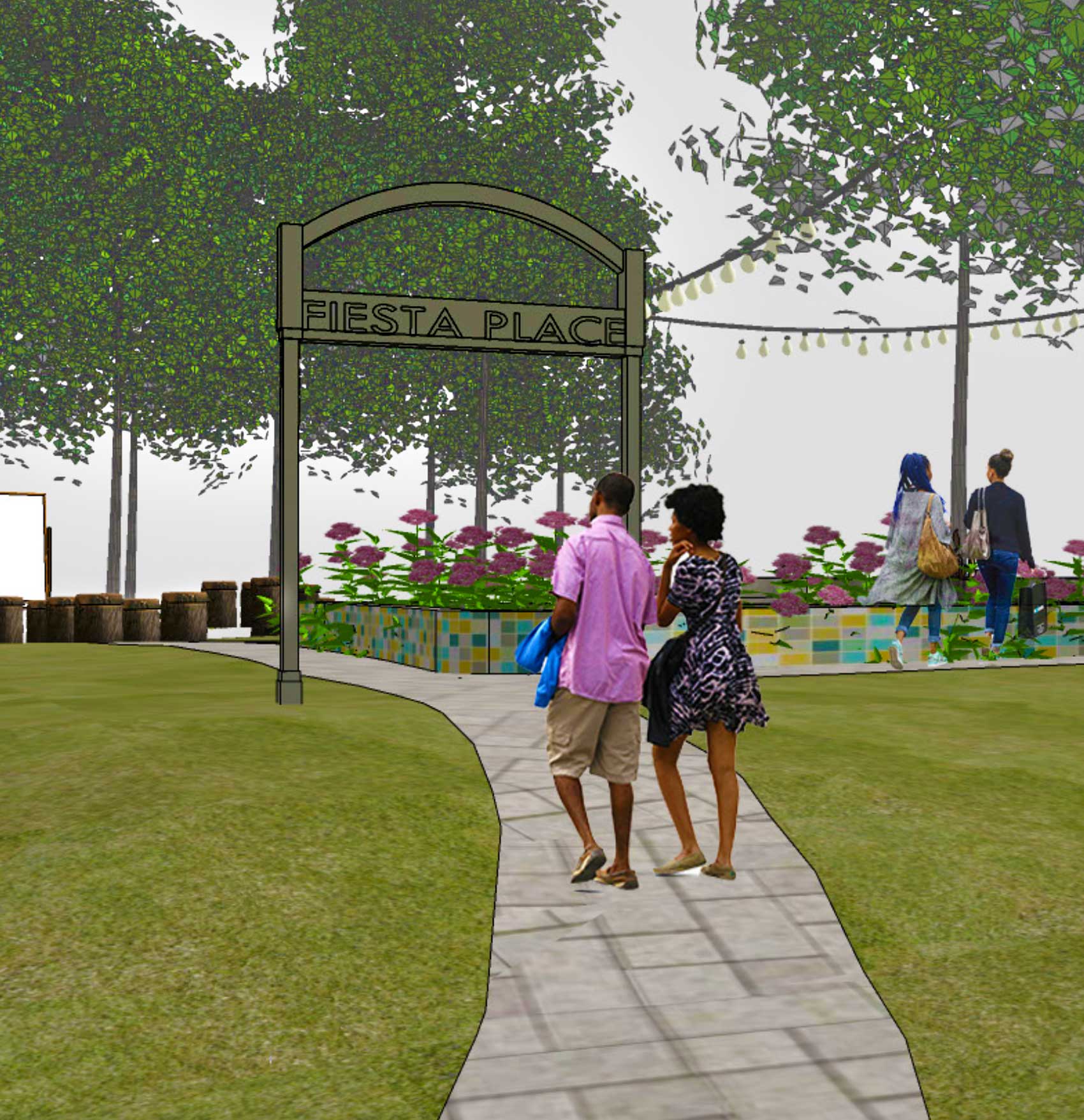 Community members walk through gateway sign of Fiesta Place, District heights, Maryland. Decorative plantings and seating in background.