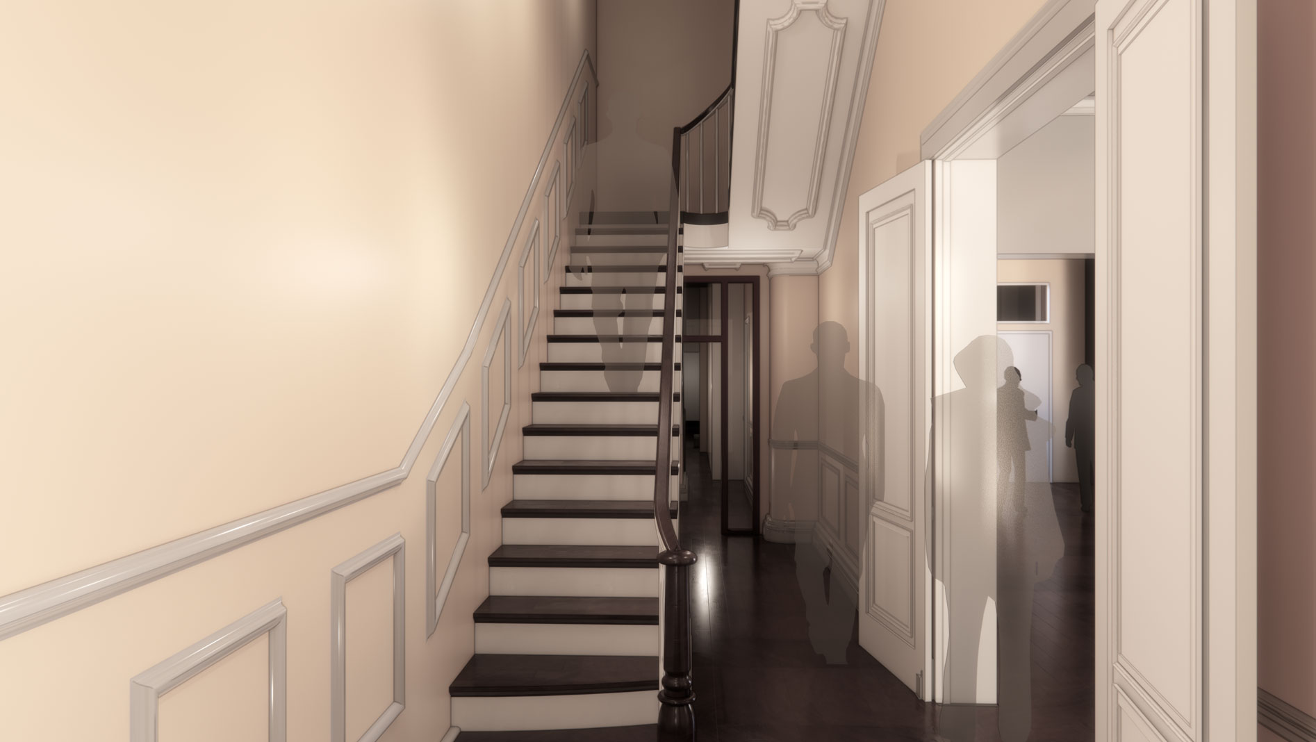 Rendering of restored Parren Mitchell House showing inside features including stairs, banister, and wall molding, all in-line with original home character. Rendering by Quinn Evans.