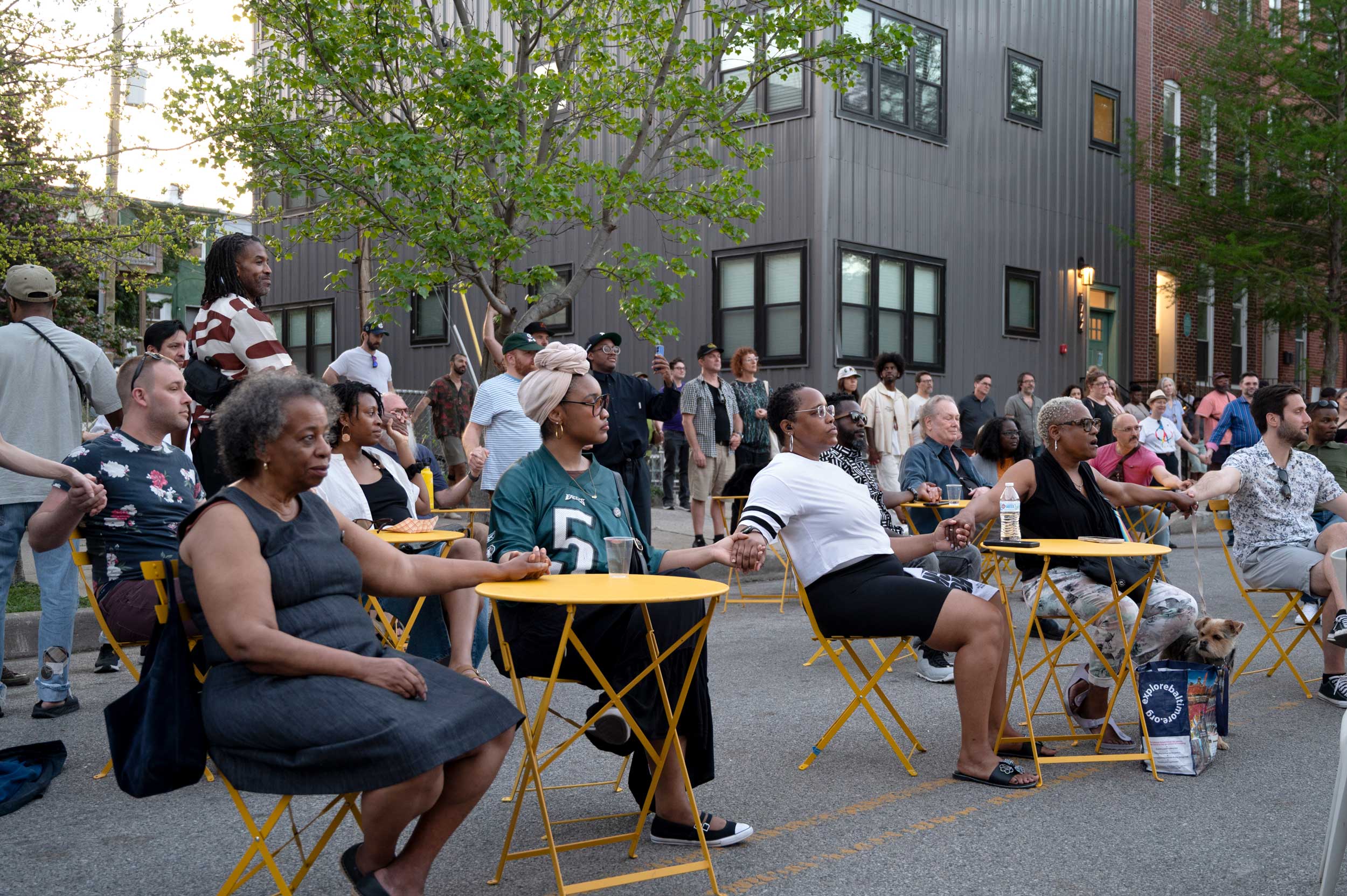 Neighbors gathered this spring for a block party to celebrate the unveiling of Harmony Park, a light installation in Greenmount West, Baltimore. Attendees were invited to link hands with friends and strangers alike.