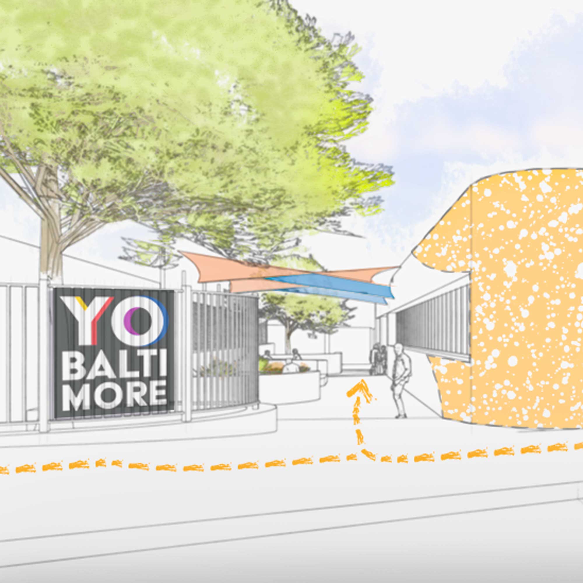 YO Baltimore Youth Opportunity Center in Harlem Park. Rendering show facade and streetscape improvements leading into the main entry corridor, inclusing sunsails, trees, and wall murals.