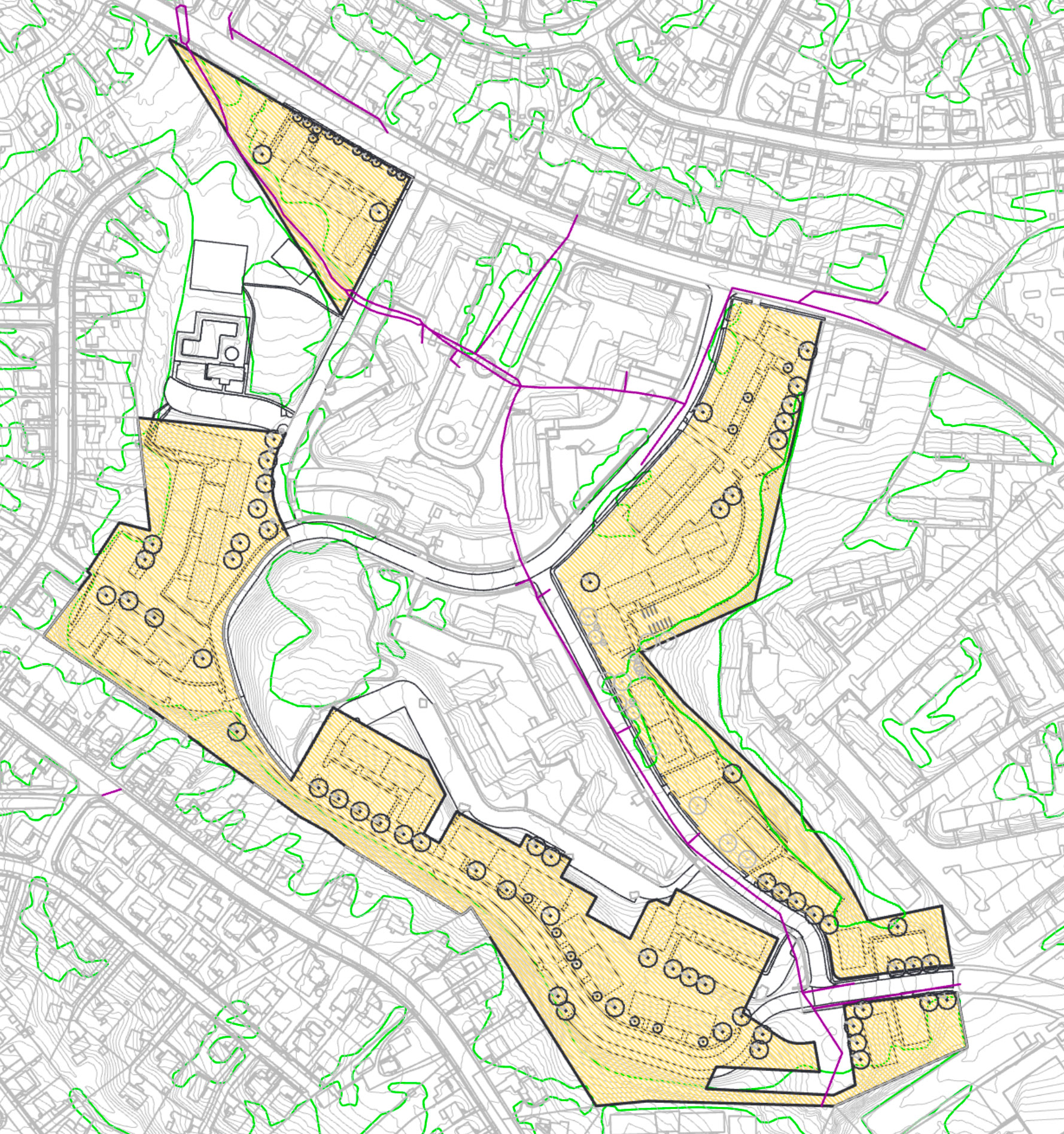 87 tree planting locations noted on our plan to address westward water flow.