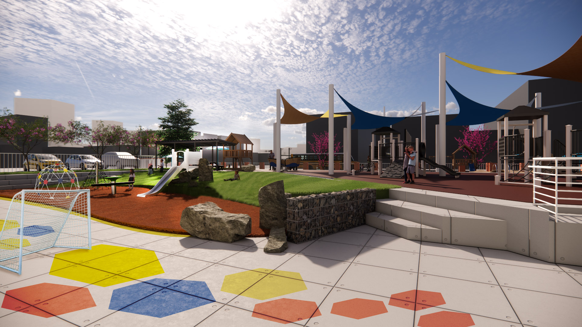 Mt. Royal Elementary Middle Playground Rendering: Showing gentle slope of turf and younger play area.