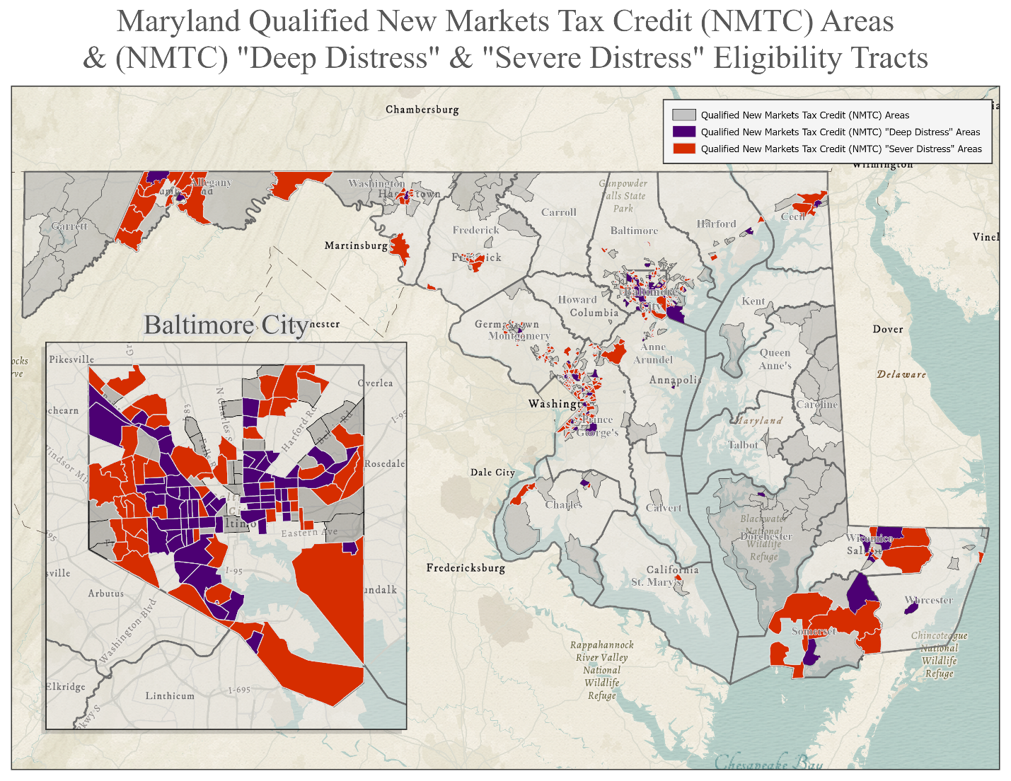 Map of Maryland Qualified New Markets Tax Credit (NMTC) Areas and “Deep Distress” and “Severe Distress” Eligibility Tracts.