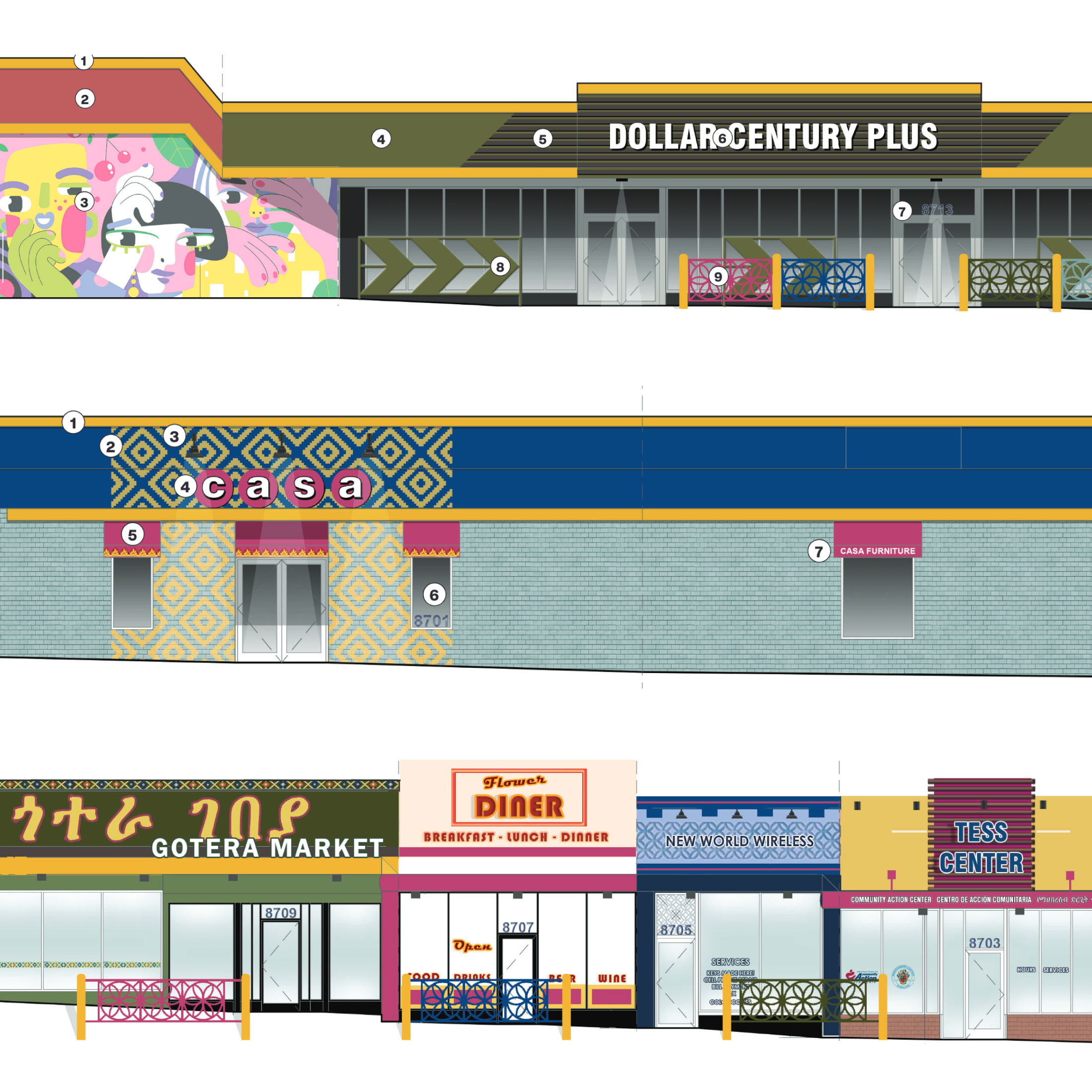 Ever wonder, how can I improve my business storefront? Here are our Facade Design Concepts for Flower Ave Shopping Center.