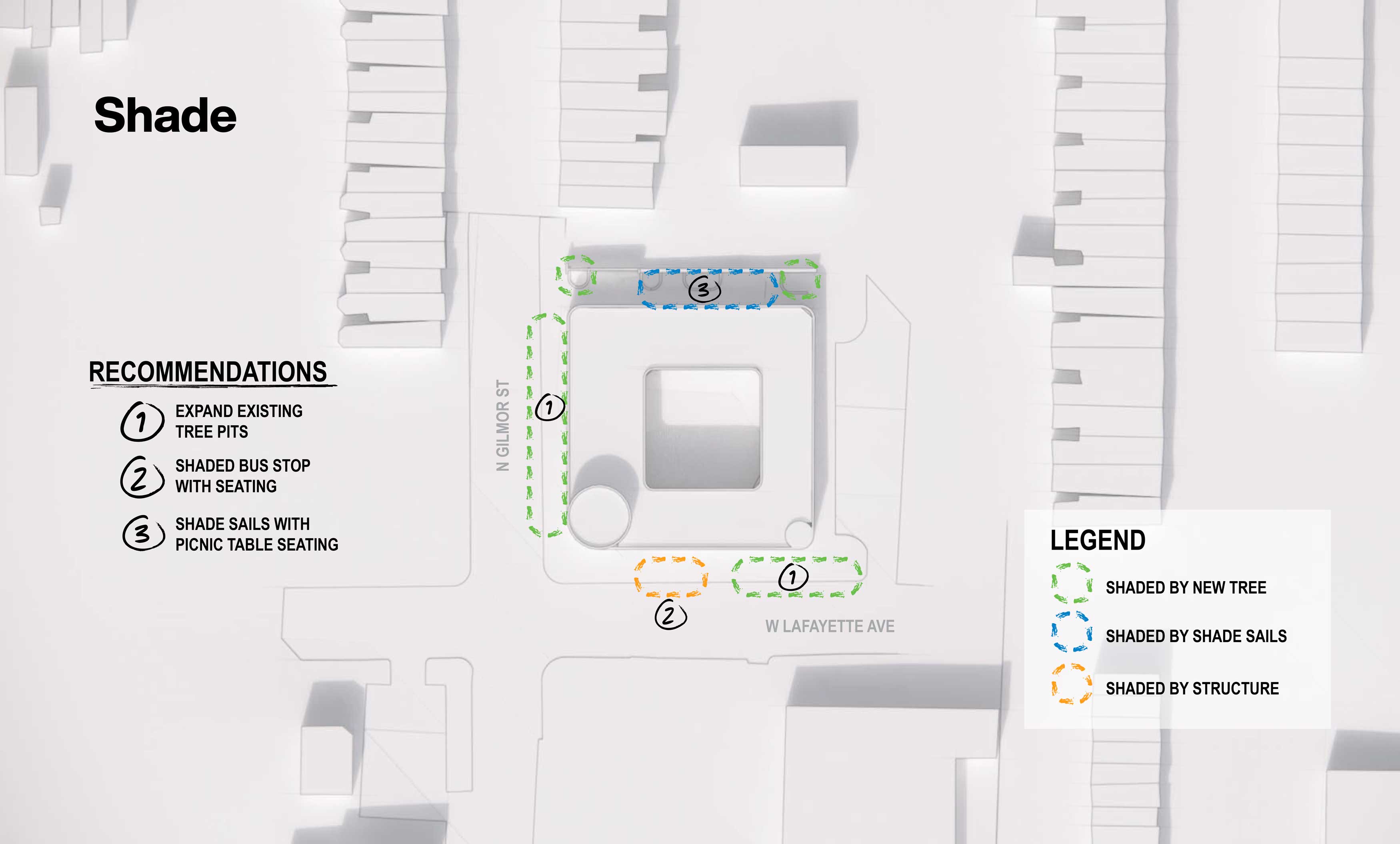 Aerial map diagram of Yo Baltimore showing existing and recommended shade interventions.