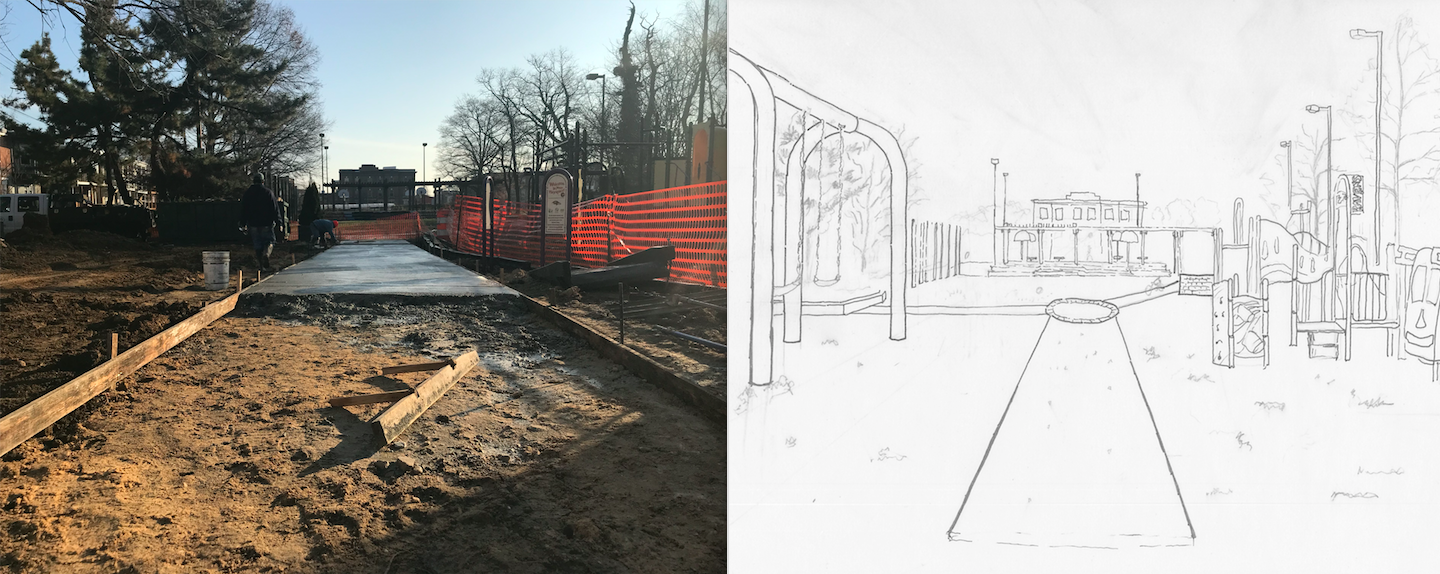 Work underway at German Park (L) and an early sketch from NDC’s design for a reimagined community space (R).