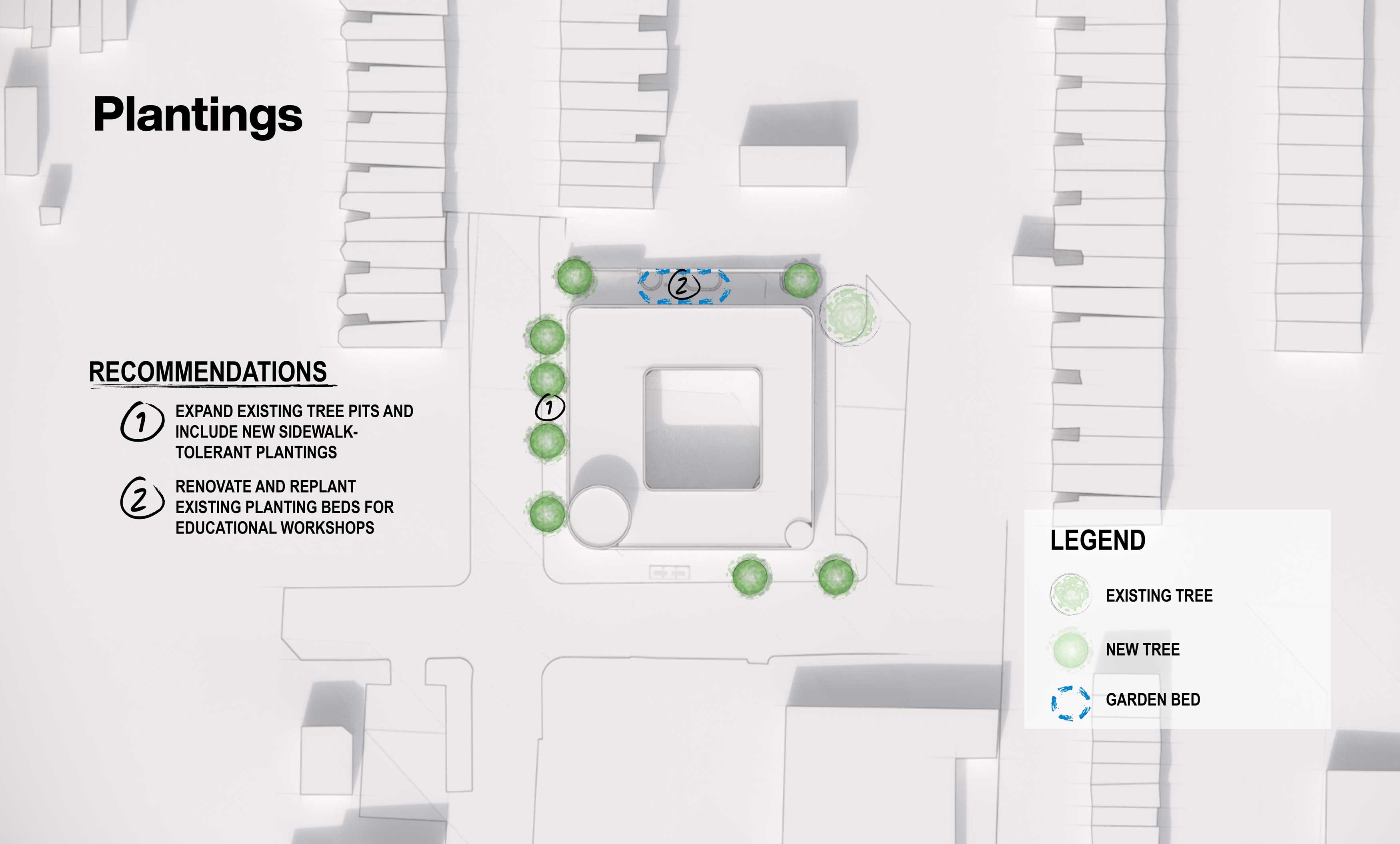 Aerial map diagram of Yo Baltimore showing existing and recommended plantings.