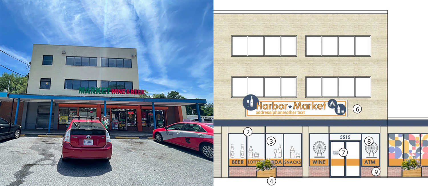 Before and Afters — current façades on left, proposed improvements on right.