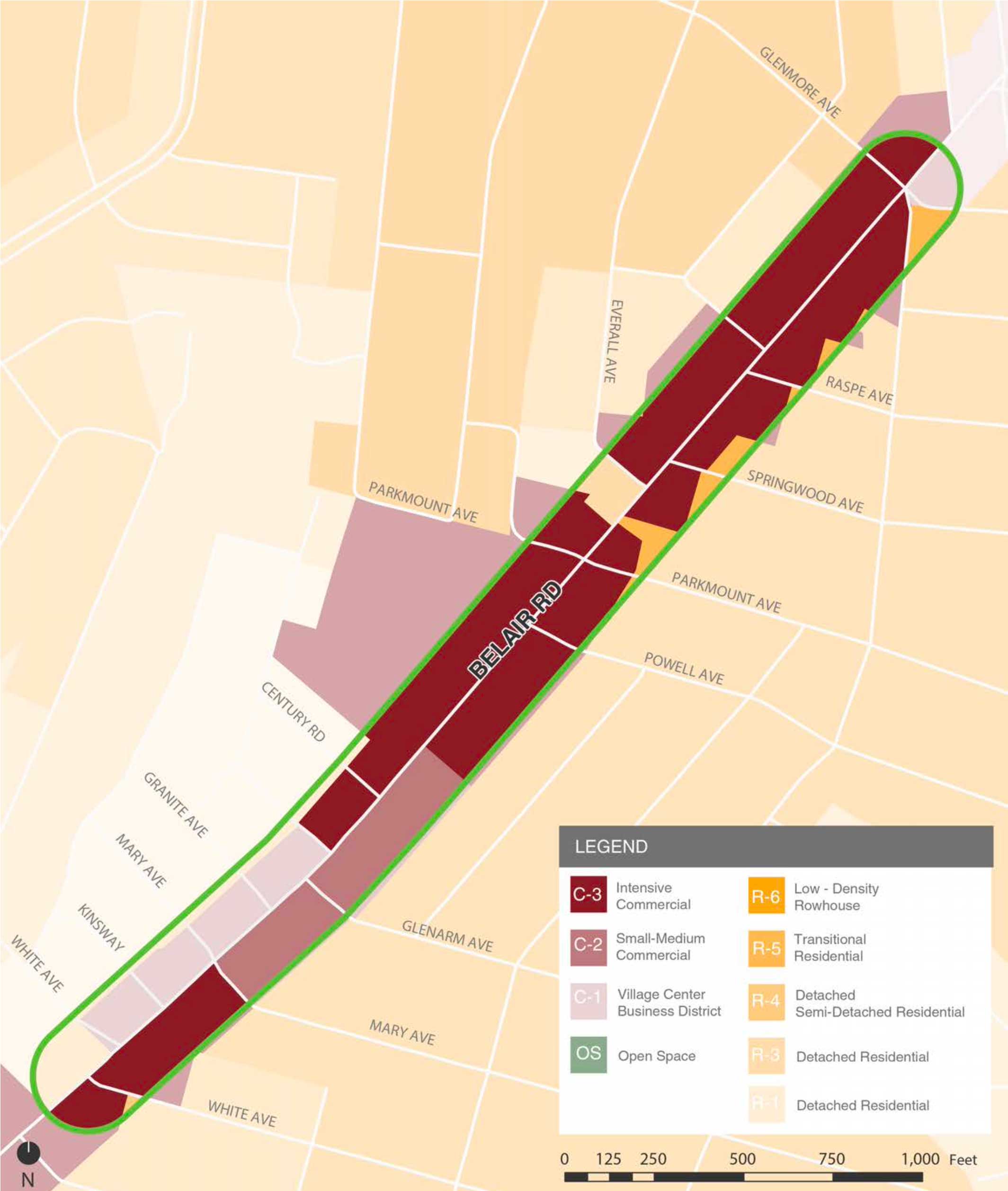 Area of study: Zoning — The corridor is characterized by a mix of auto-oriented and pedestrian-oriented businesses, including retail stores, restaurants, service providers, and local institutions. Buildings are primarily zoned for commercial and mixed-use purposes, accommodating both ground-
floor businesses and, in some cases, upper-story residential or office uses.
