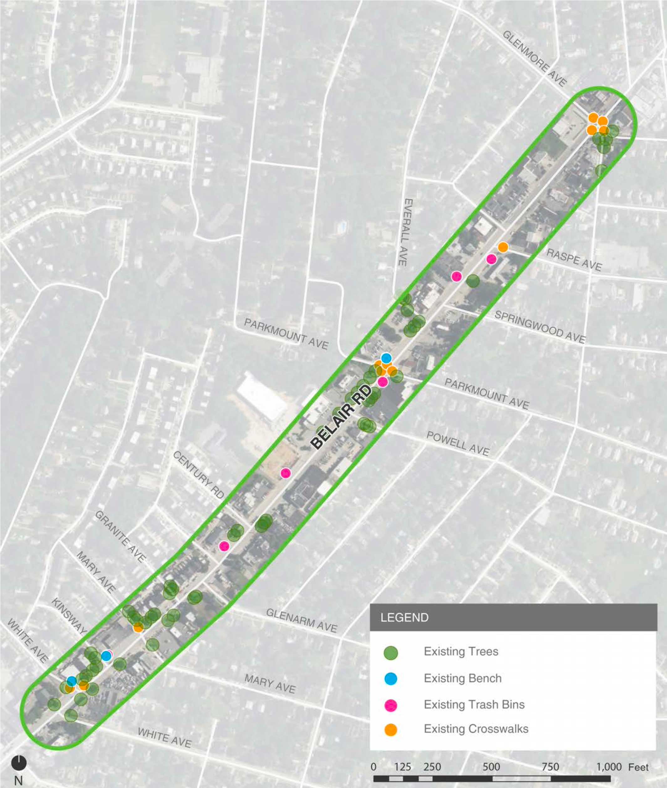 Area of Study: Existing Elements— This stretch includes basic pedestrian infrastructure, but lacks the consistency and quality needed to support a comfortable and inviting pedestrian environment.
Existing elements include scattered trees, offering limited shade and visual relief, few benches and public trash bins, primarily located near bus stops, worn out crosswalk markings at signalized intersections, and limited mid-block crossings.