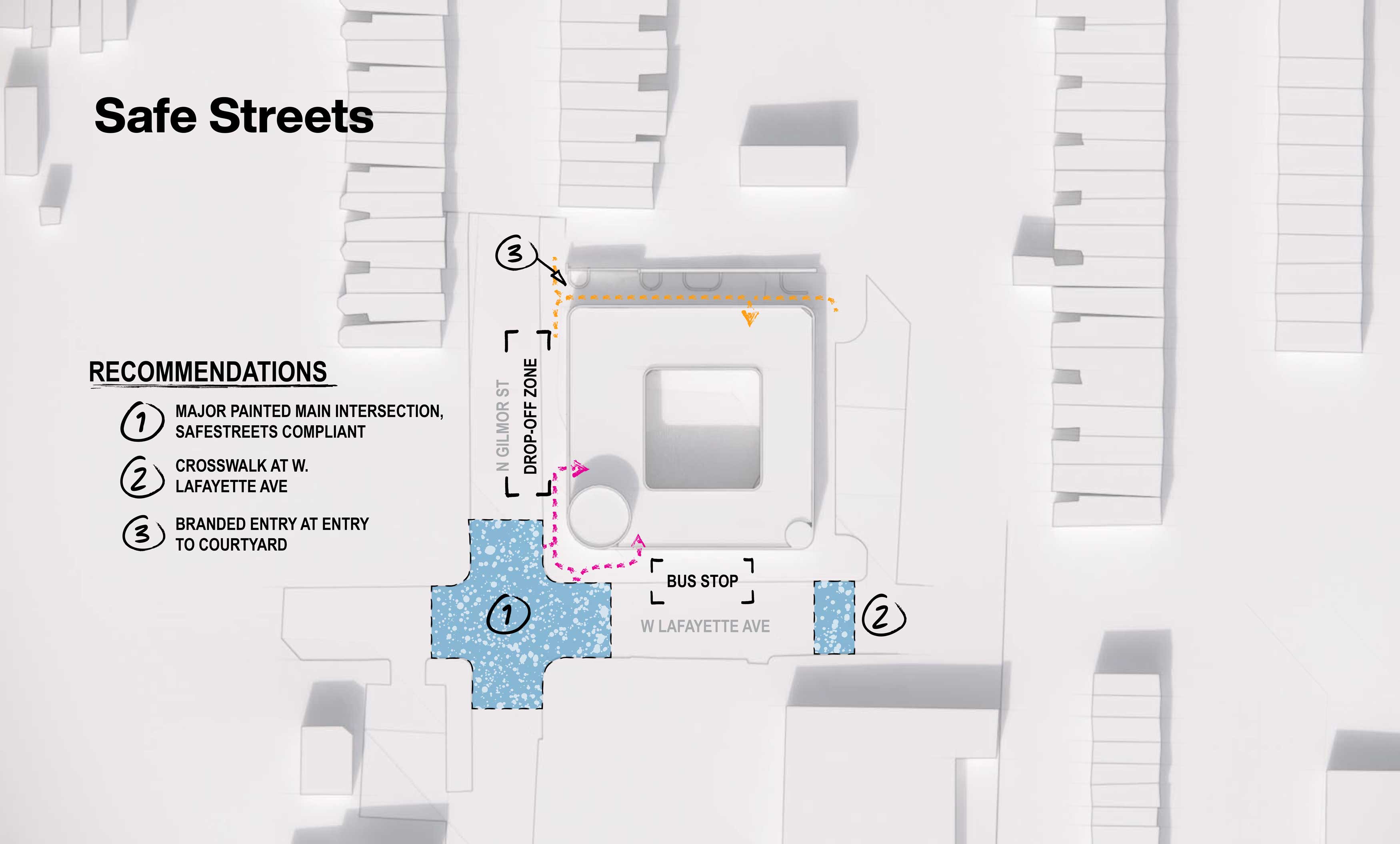 Aerial map diagram of Yo Baltimore showing existing and recommended safe street interventions.