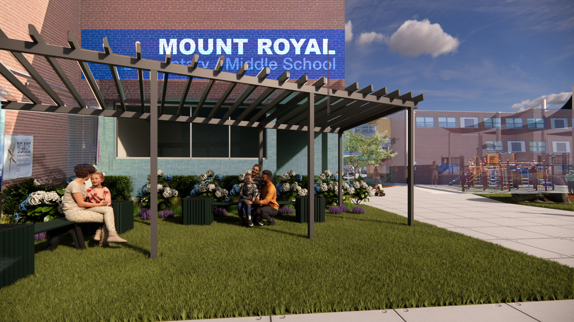 Mt. Royal Elementary Middle Playground Renderings: front sign view showing pergola seating and new signage.