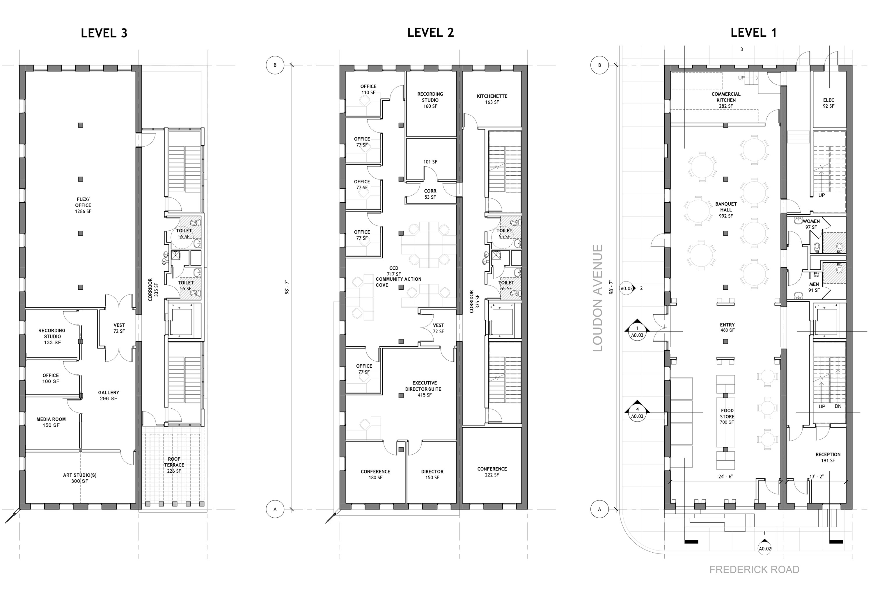 Detailed floorplan of 3 levels of Center for Social Impact in Irvington, Baltimore, showing layoiuts of various rooms and furniture. 