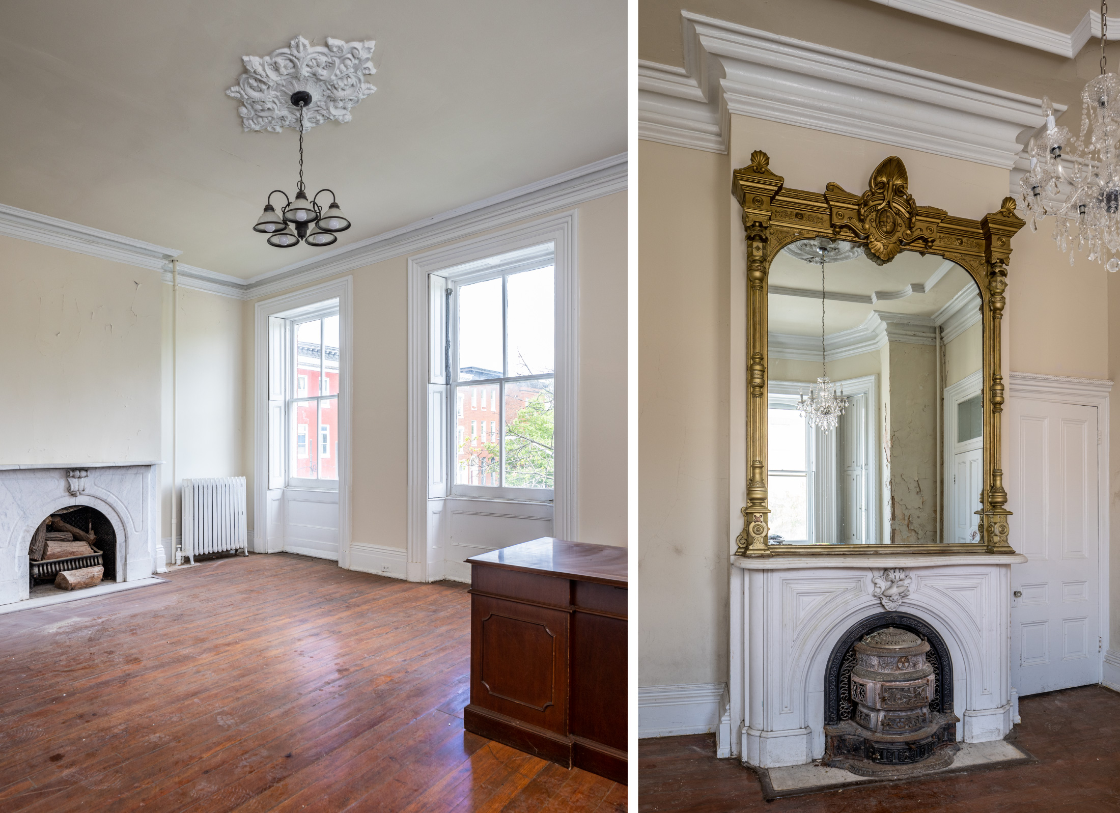 Existing conditions of Parren Mitchell House before construction — interesting architectural details like gilded mirror and ornate fireplaces.