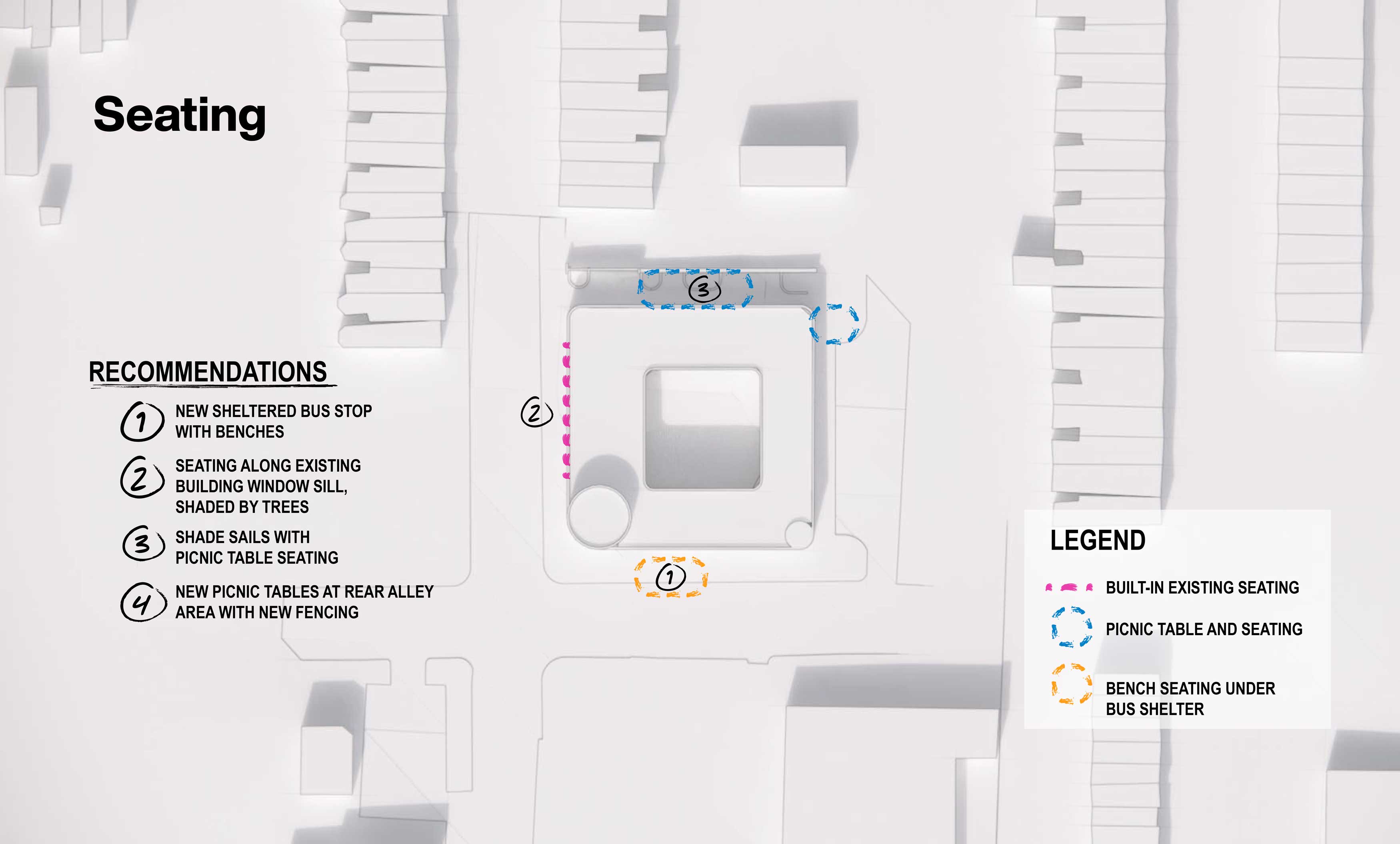Aerial map diagram of Yo Baltimore showing existing and recommended seating.