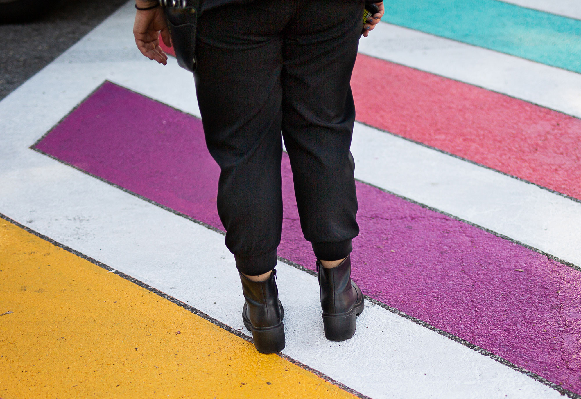 Asphalt art calms traffic and improves pedestrian safety. This design was installed in Baltimore’s Hampden neighborhood as part of our Design for Distancing initiative during the peak of Covid-19.