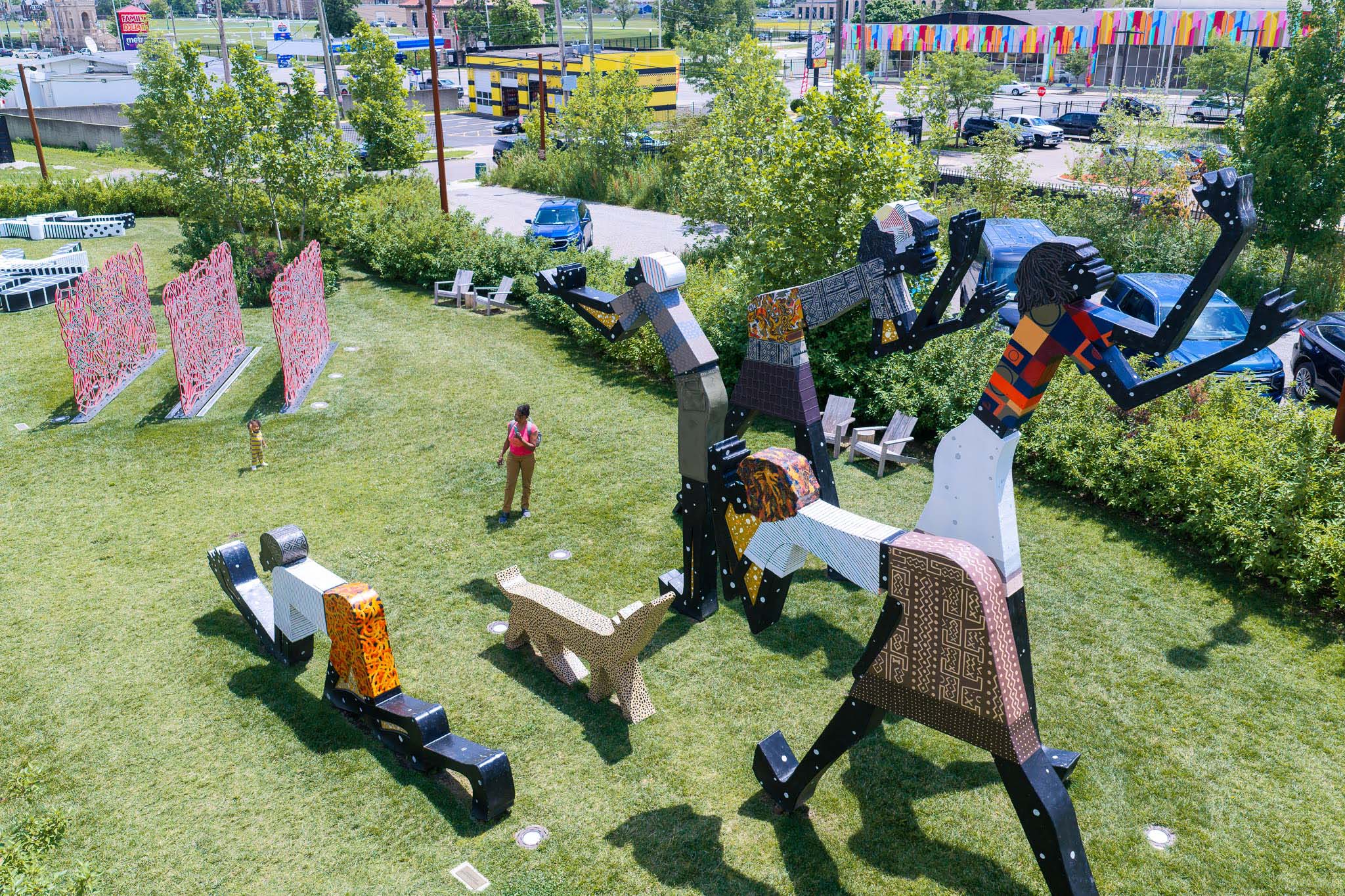 Vibrant larger-then-life sculptures at Placemaking Week 2026 Detroit by Chris Ahern.