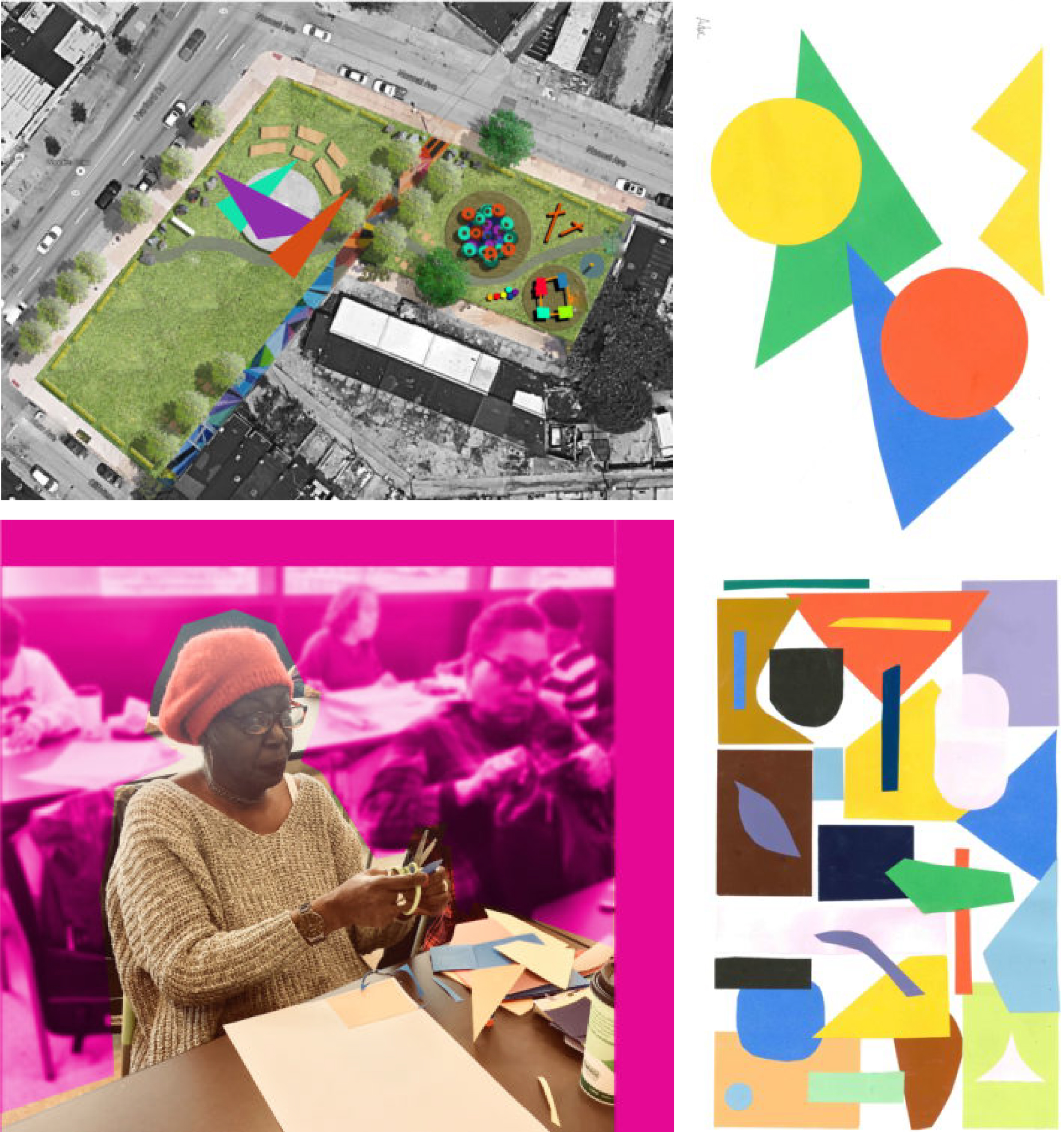 A long term plan for Darley Park with concept for the sun sails over the stage. Top right: A quilt-inspired design for the stage shade sails by Ada Cathcart. Bottom-right: A cutout design by community member Sandy Wilks.

