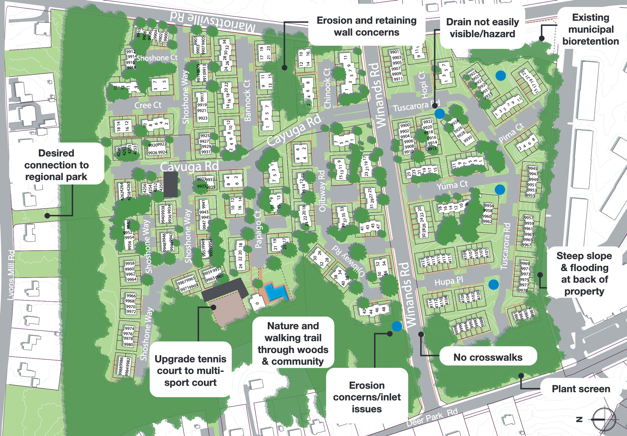 Blue dots = Identified potential stormwater intervention sites. Grey rectangles = Ongoing stormwater projects with Blue Water Baltimore.