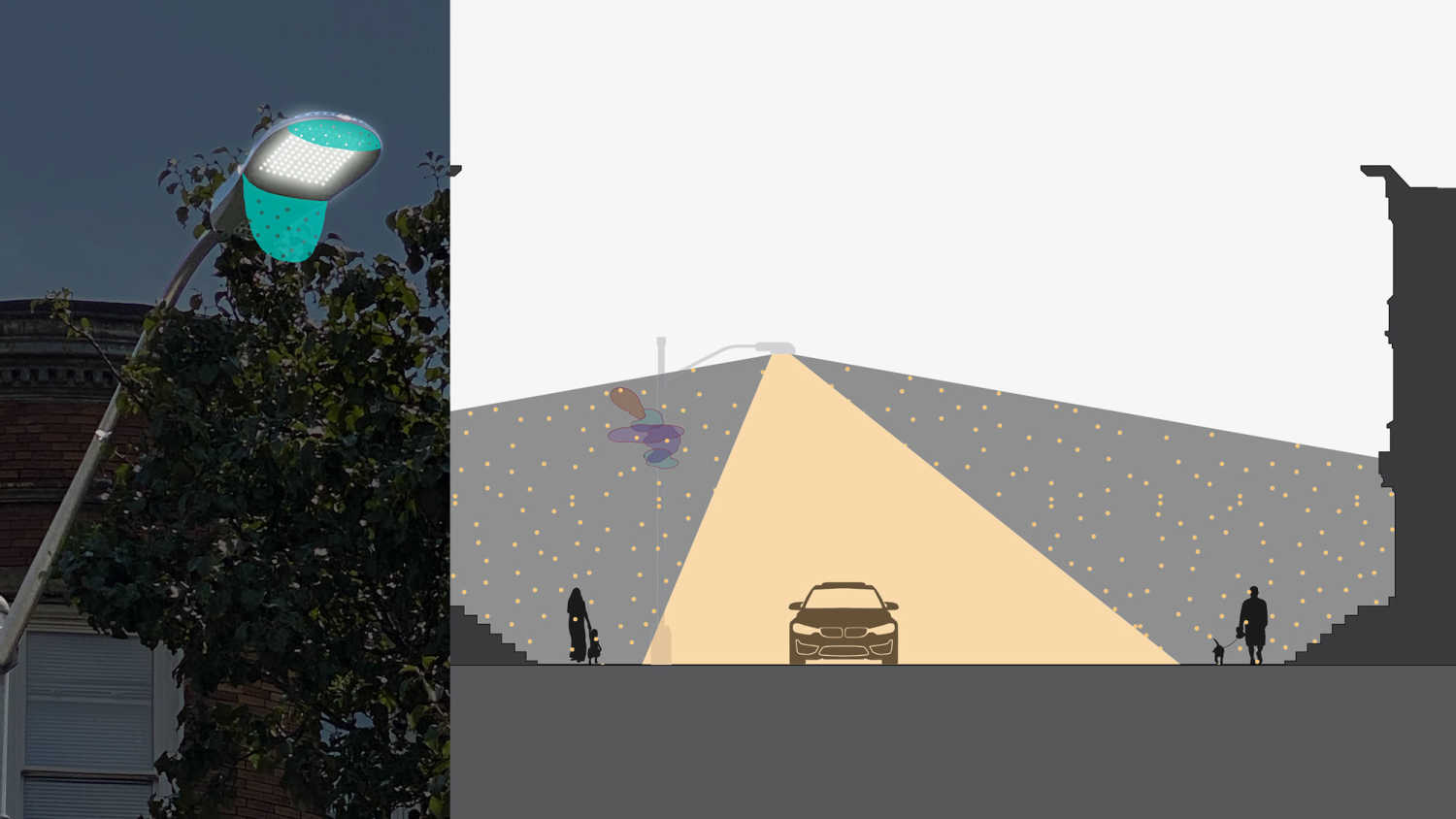 CONCEPT: LIGHT SHIELDS (FLUX STUDIO) close-up, showing how the attachment keeps bright light on the road only instead of overpowering the sidewalks and facades.