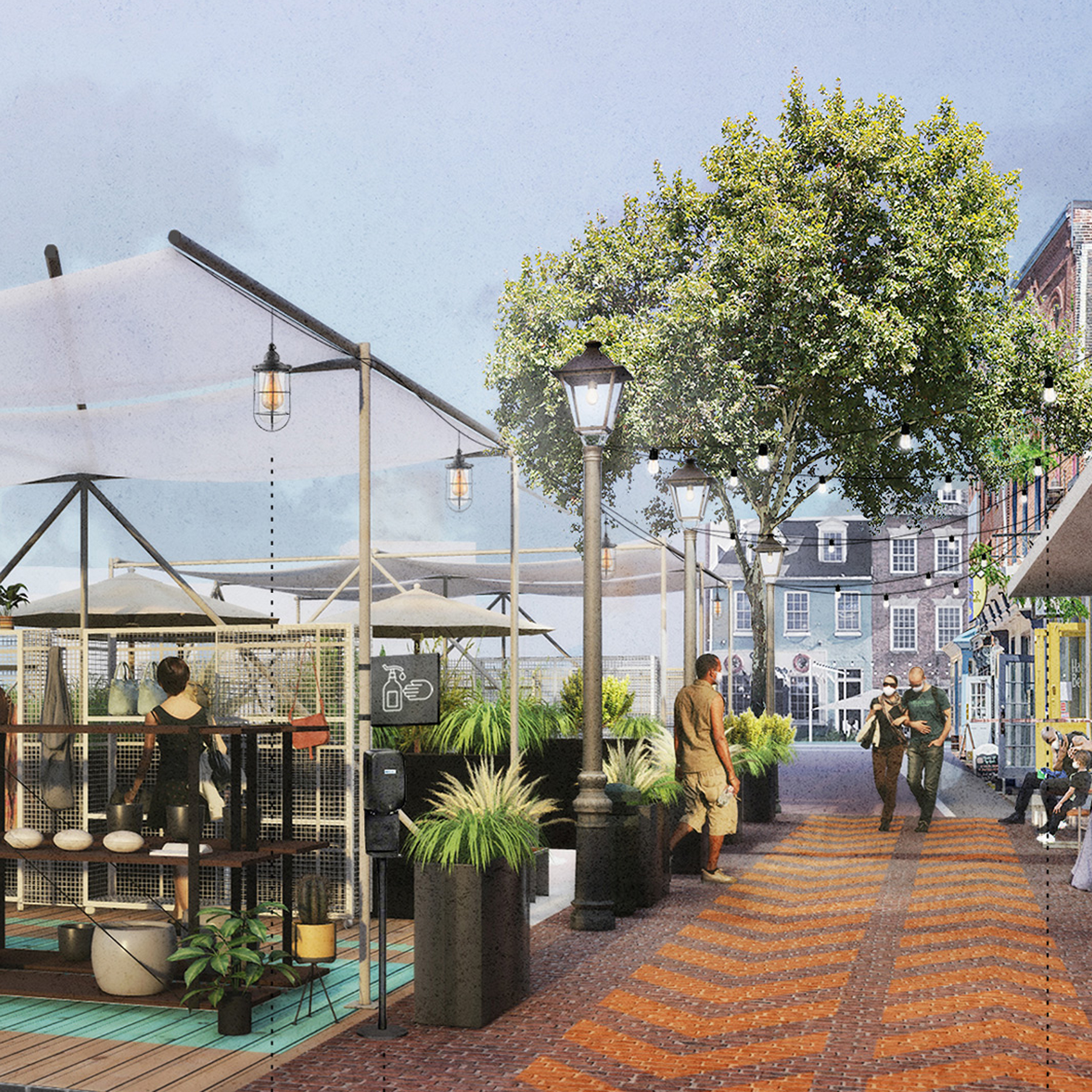 Realistic rendering of main street with popup shops.