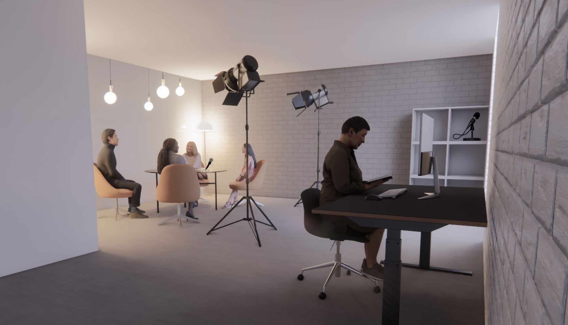 Basement rendering of Baltimore’s Eubie Blake Cultural Center, showing people using podcasting equipment in clean, industrial space.