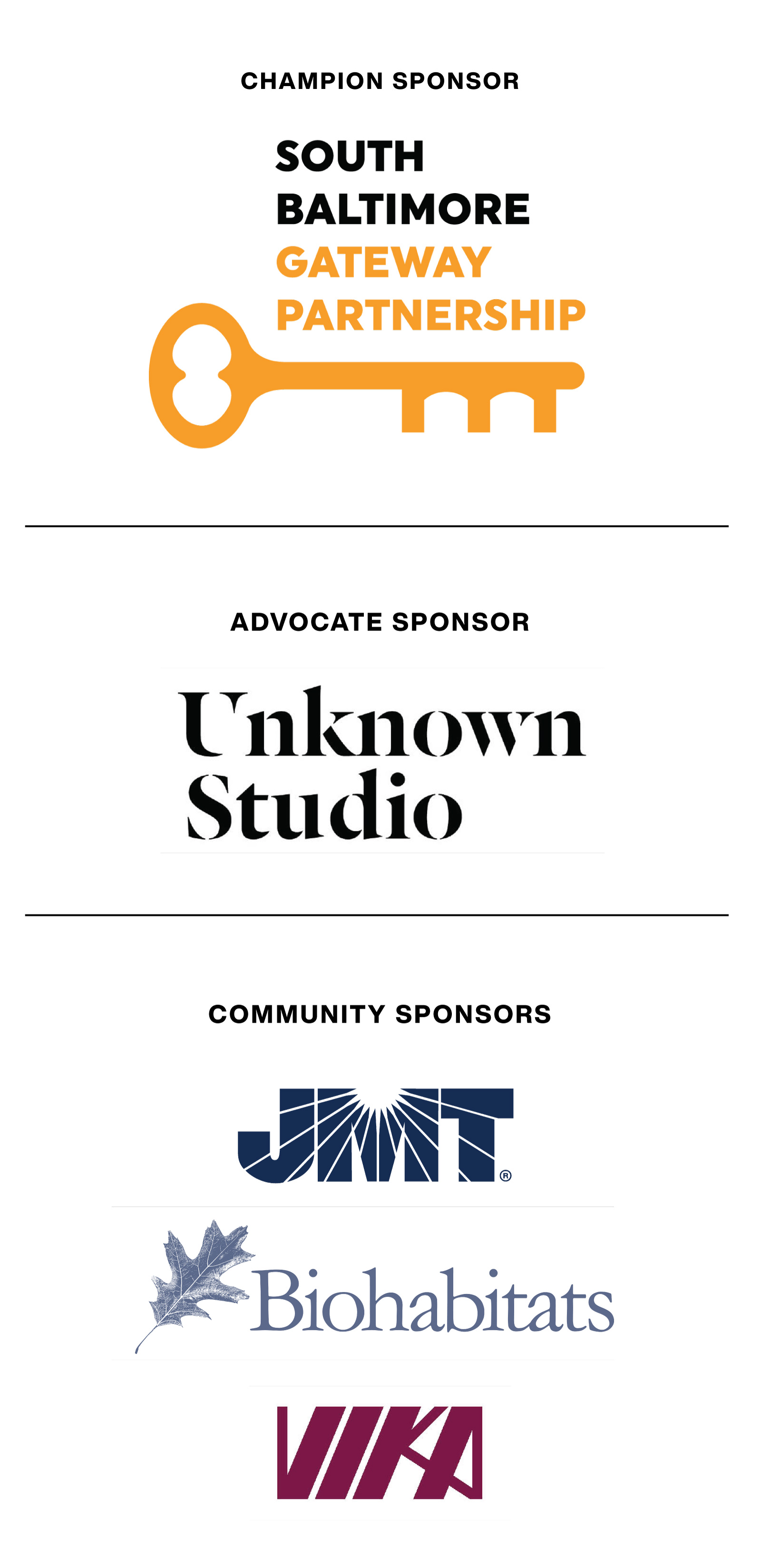 Trash Dash 2026 Sponsors include South Baltimore Gateway Partnership, Unknown Studio, JMT, Biohabitats, and VIKA.