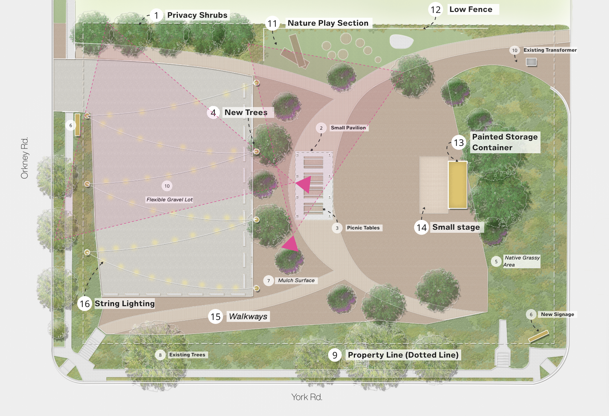 Final Belvedere Improvement Association Lot plan. Labeled rendering features diagonal paths, thoughtful plantings, a pavilion, and a circular gathering area.