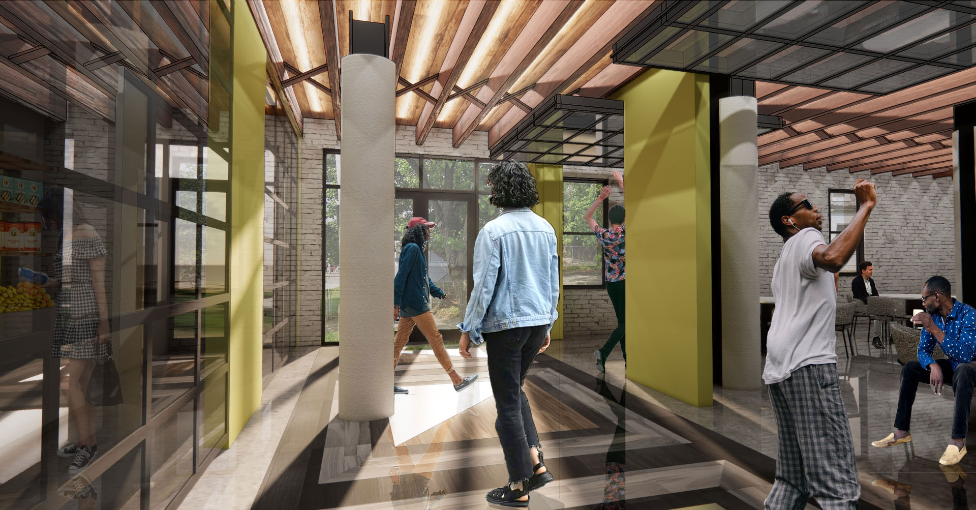 Interior renderings of chic, designerly hall space with slatted ceiling panels at Center for Social Impact in Irvington, Baltimore.