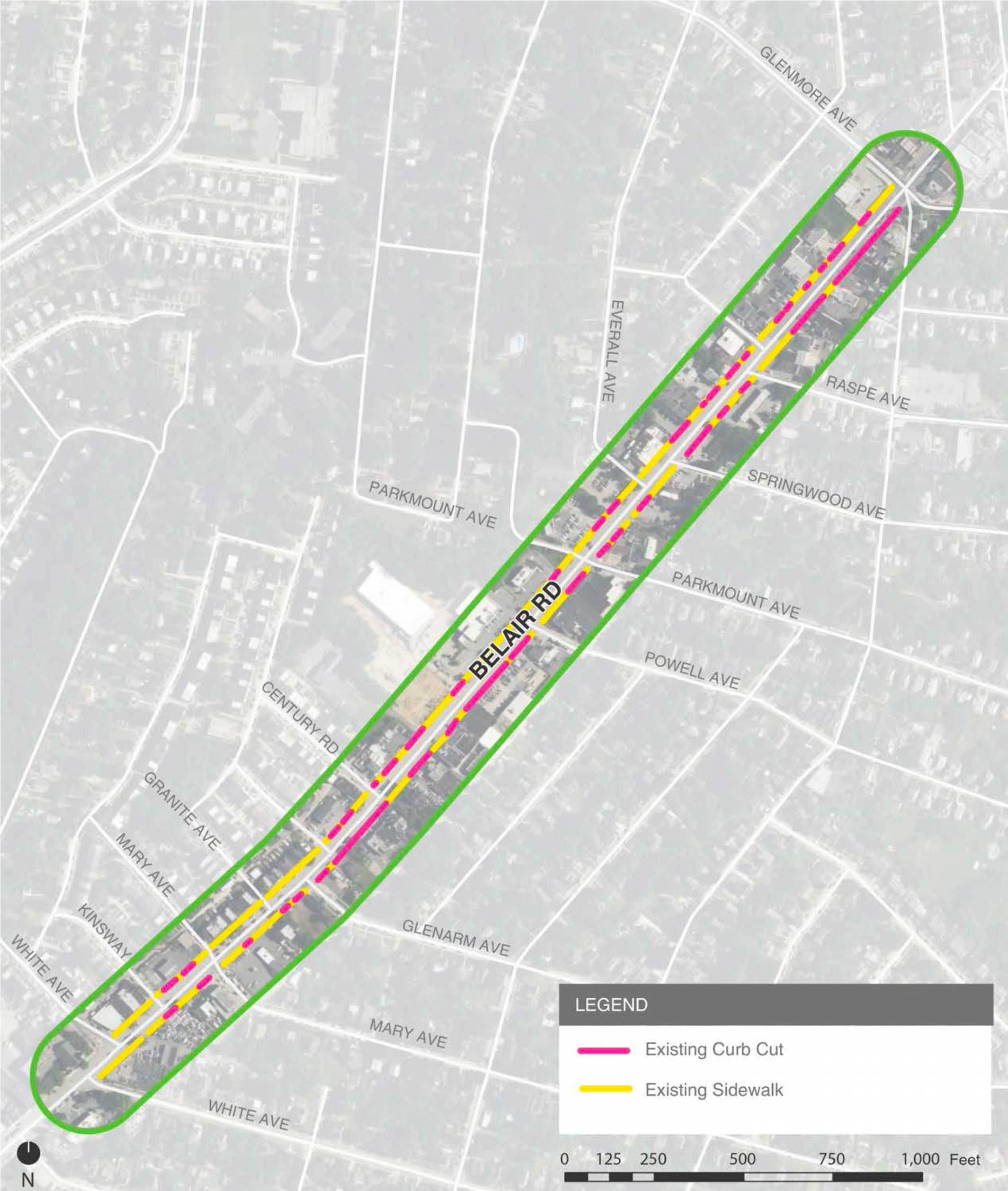 Area of study: Access — In many areas, sidewalks are cracked, uneven, or patched, creating challenges for pedestrians, especially those with mobility impairments. There is a high frequency of curb cuts serving driveways and surface parking lots. 