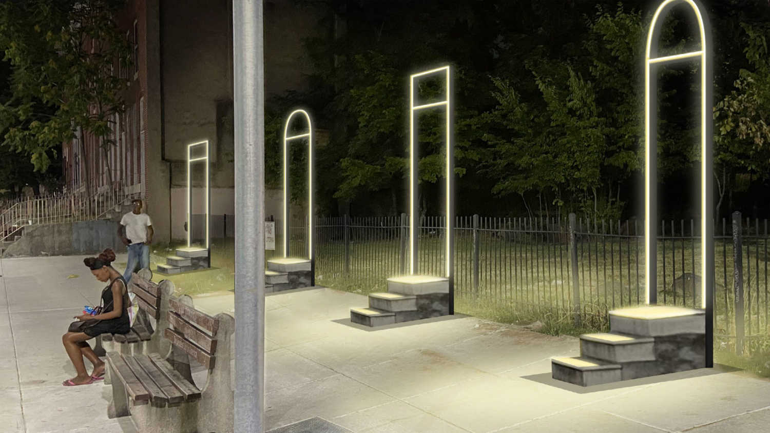 CONCEPT: GHOST STOOPS (PUBLIC MECHANICS) This public art installation proposal recalls demolished Baltimore rowhouses. Marble stoops and the glowing outlines of front doors illuminate spaces once occupied by rowhouses and generations of Baltimoreans. This poetic installation is meant to activate empty lots across the District and provide opportunities for seating and gathering.