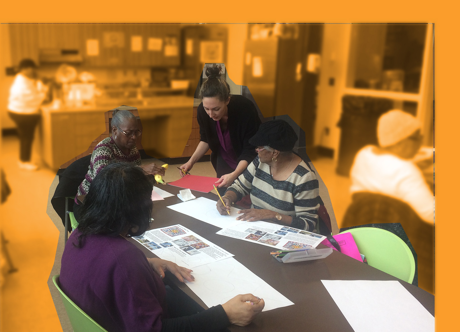 Whitney Frazier with several collaborators discussing color options.