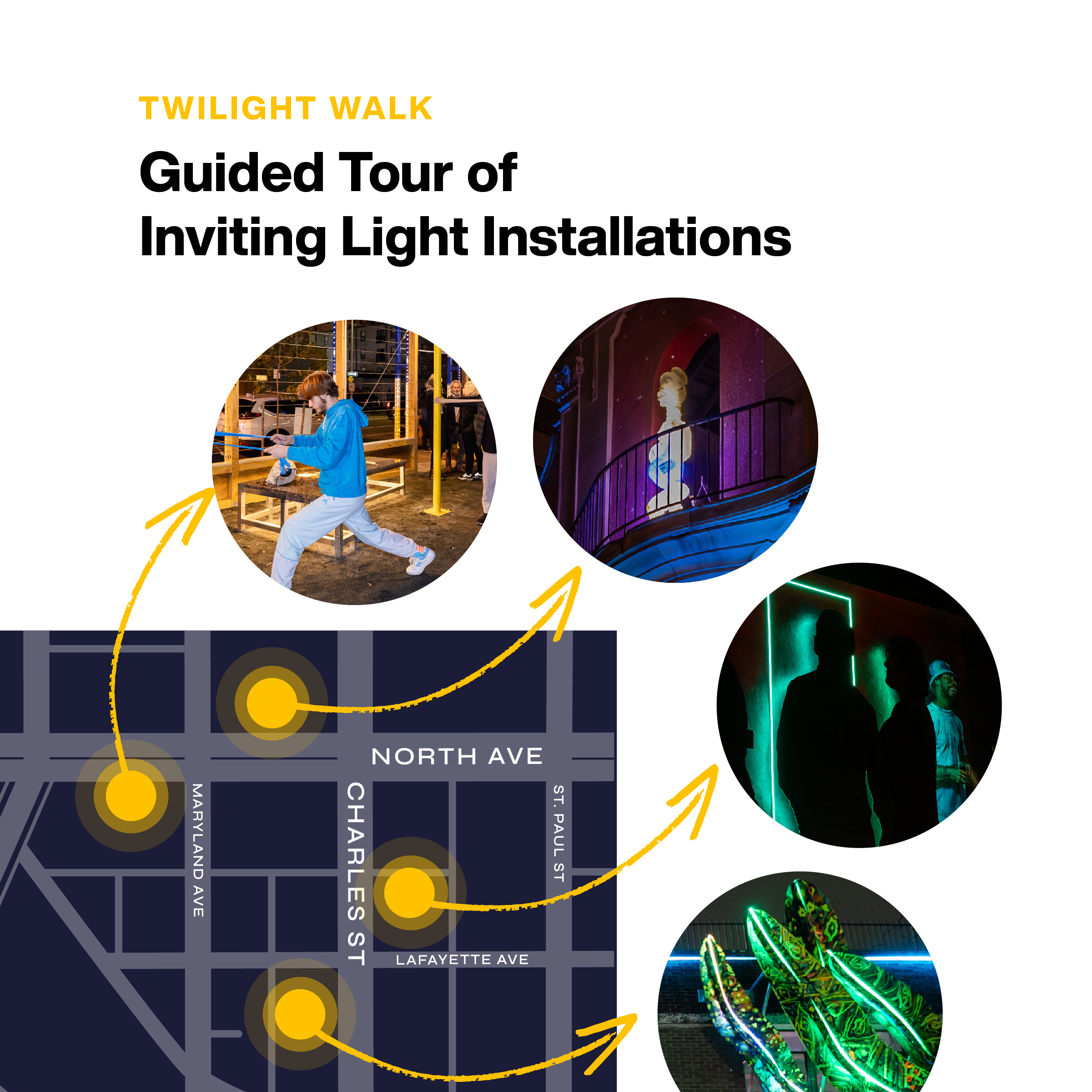Twilight walk: Guided Tour of Inviting Light Installations: Third Watch by Zoë Charlton, Big Ass Snake(Plant)s On A Plane by Phaan Howng, Aurora by Tony Shore, Soft Gym by Wickerham & Lomax.
