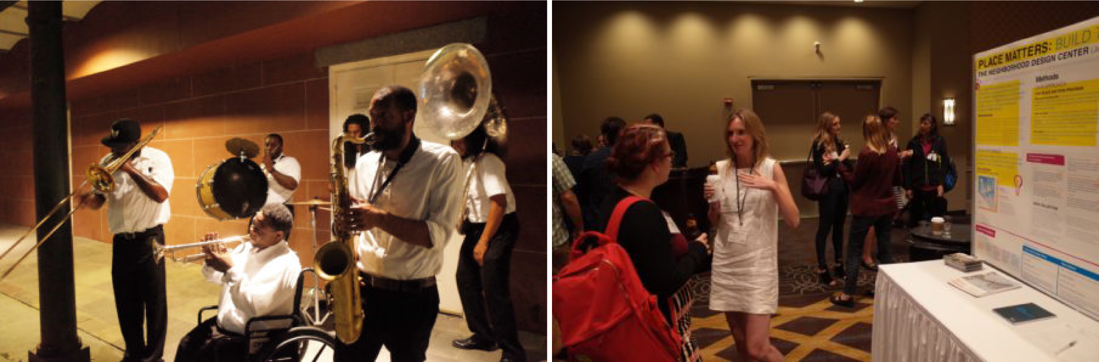 The Where You At Jazz Band playing at the New Orleans Jazz Museum. Executive Director Jennifer Goold discusses NDC’s Place Matters program with interested conference attendees.