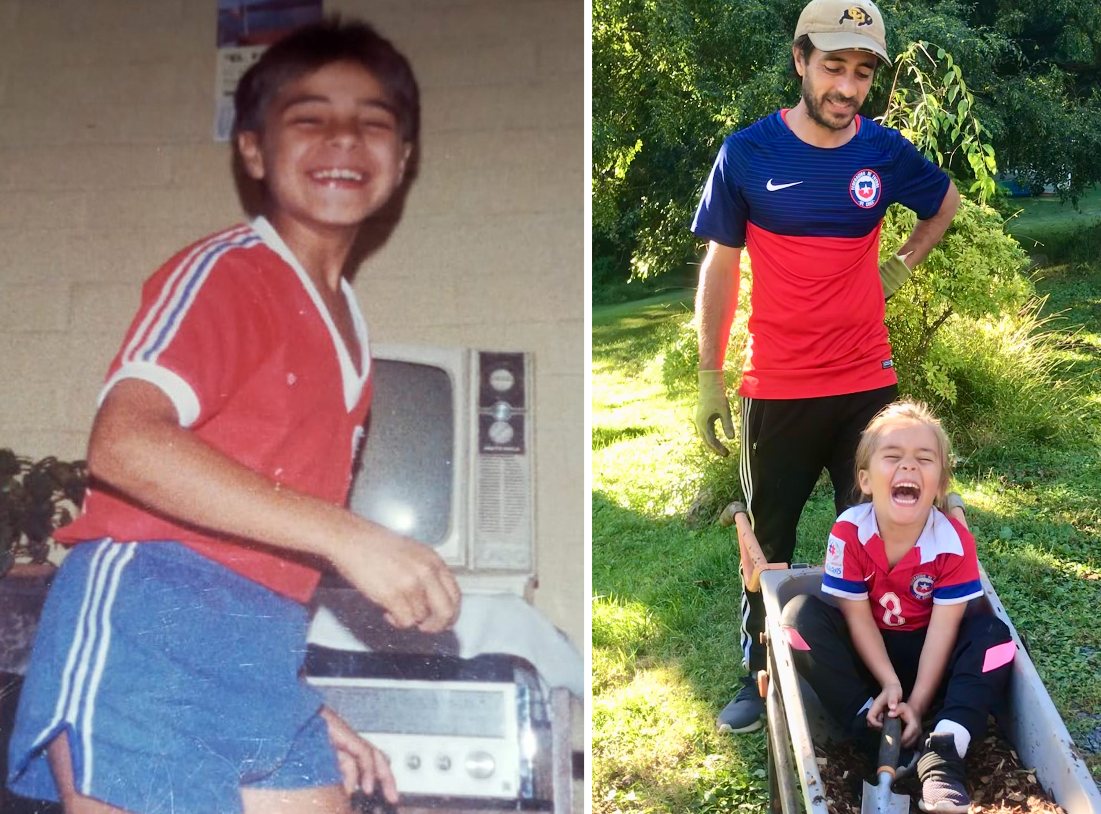 Left: Andrés as a child. Right: Andrés and his son planting trees.