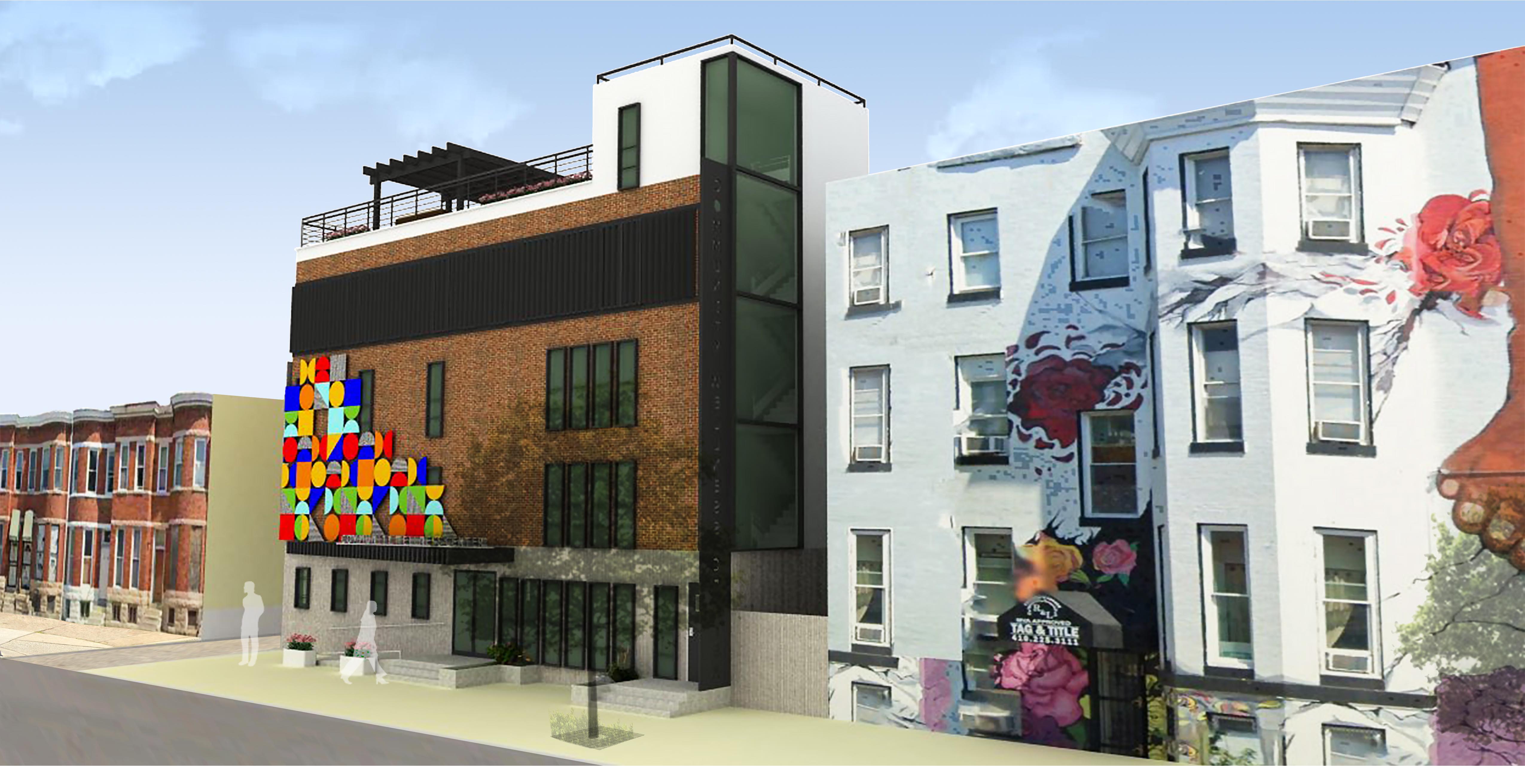Conceptual rendering of Harlem Park Wellness Hub, with A Step Forward, Inc, in Baltimore. Right-side view of modern multi-story brick building, highlighting the many windows and tall glass wall revealing the staircase inside.