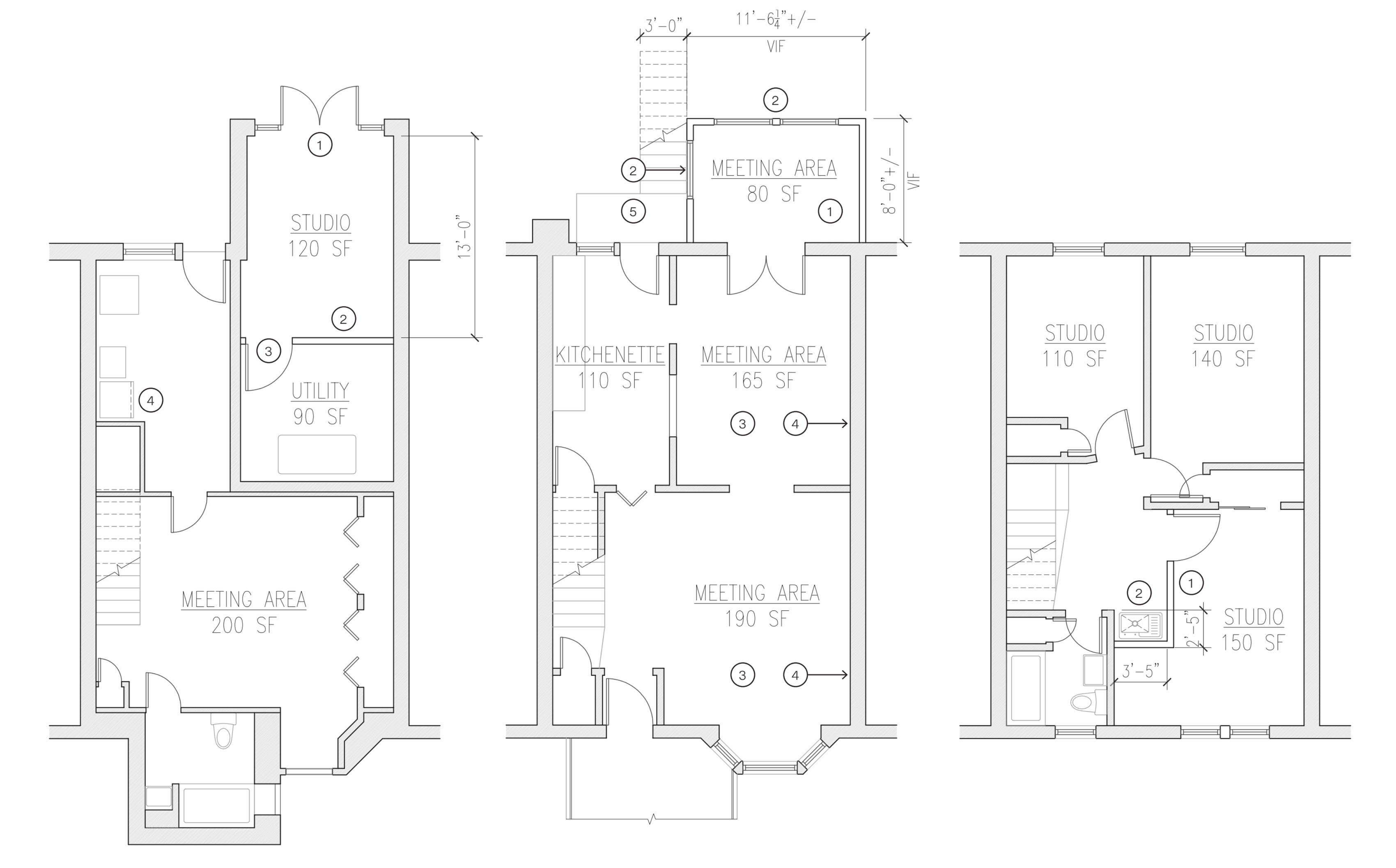 Proposed floorplans. Left to right: basement, first floor, and second floor.