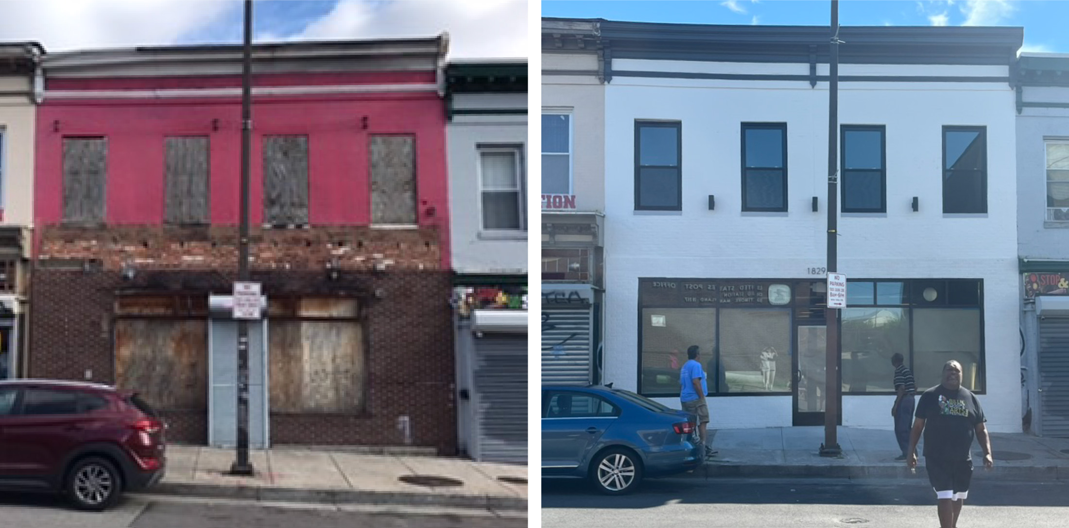 The exterior of the Pennsylvania Avenue Main Street Welcome Center, before and after.